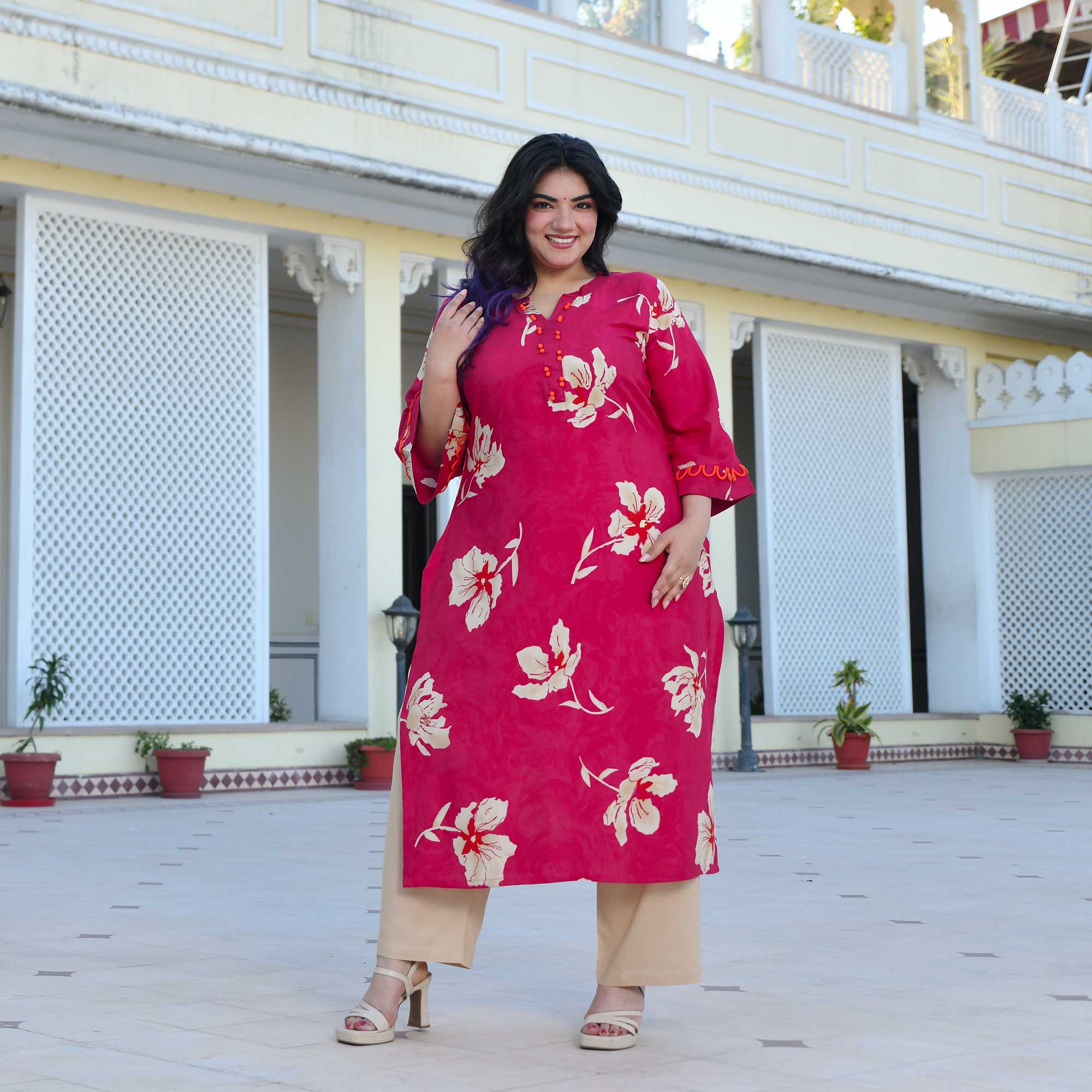 Camellia- Deep Pink Floral Print Rayon Kurta