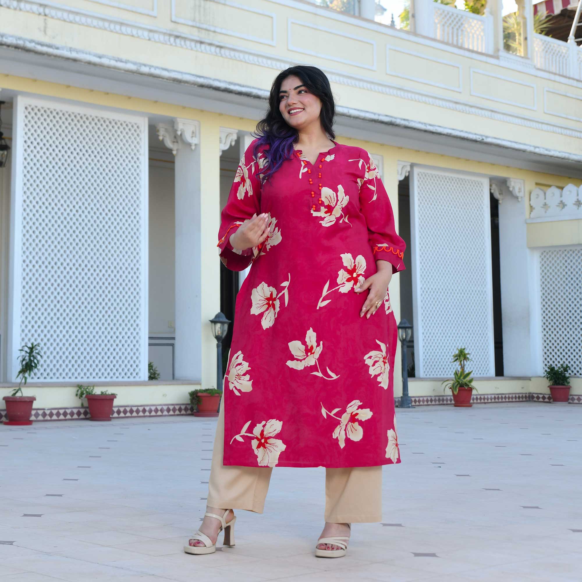 Camellia- Deep Pink Floral Print Rayon Kurta