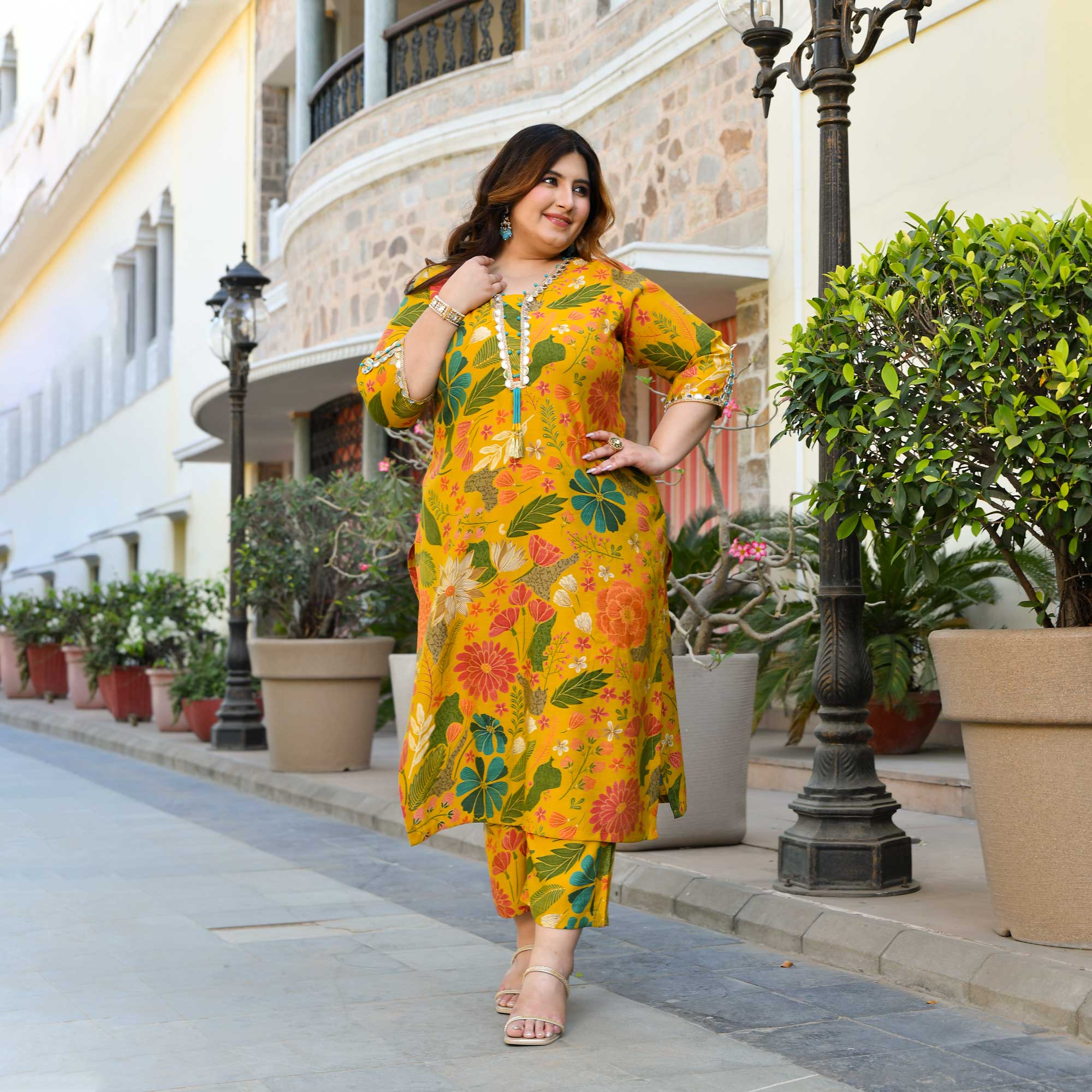 California Poppy- Yellow Floral Print Modal Viscose Blend Kurta Pants Set