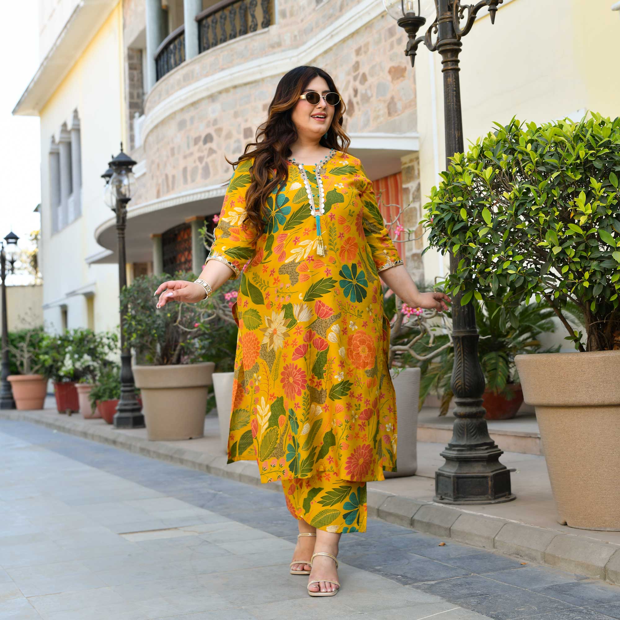 California Poppy- Yellow Floral Print Modal Viscose Blend Kurta Pants Set