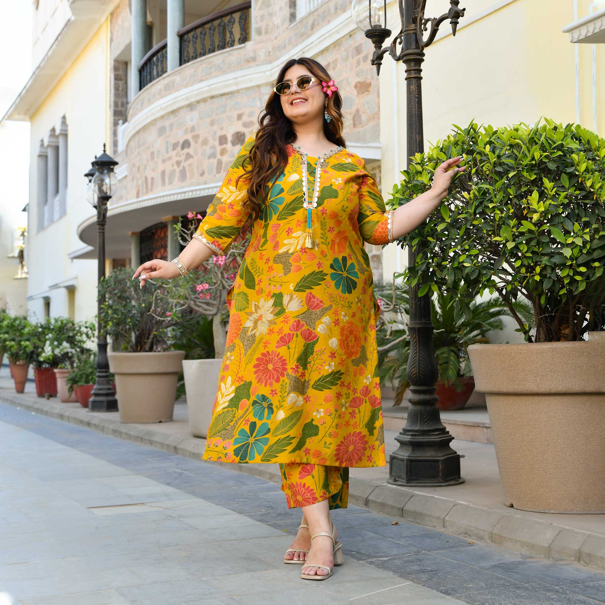 California Poppy- Yellow Floral Print Modal Viscose Blend Kurta Pants Set