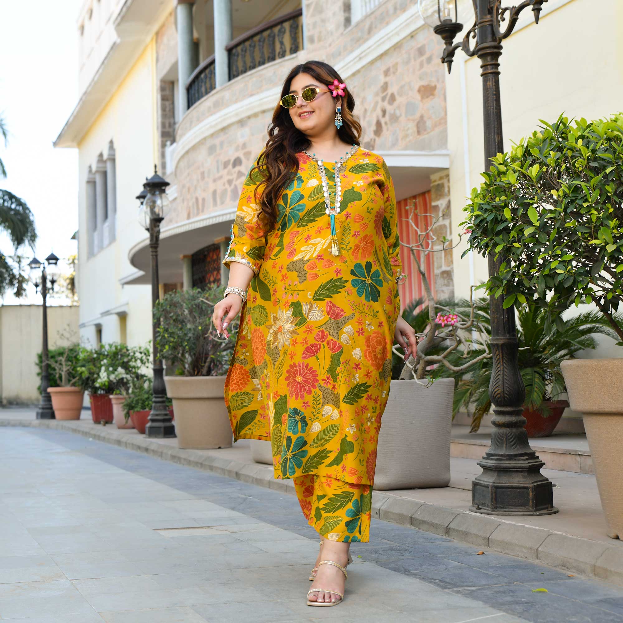 California Poppy- Yellow Floral Print Modal Viscose Blend Kurta Pants Set