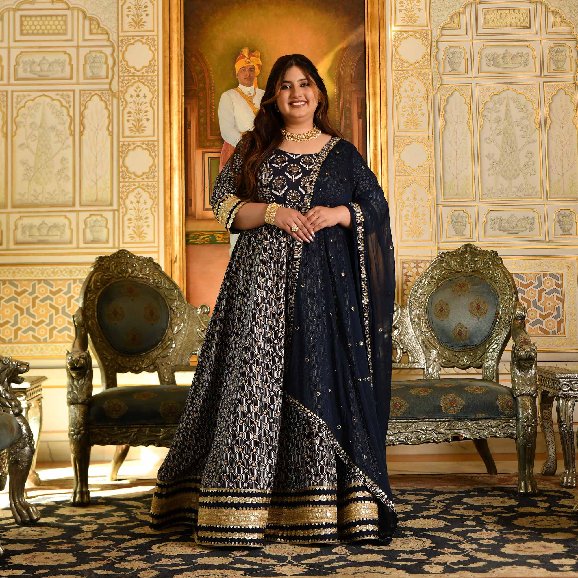 Malini- Navy Blue & Gold Sequin Embroidered Cotton Anarkali