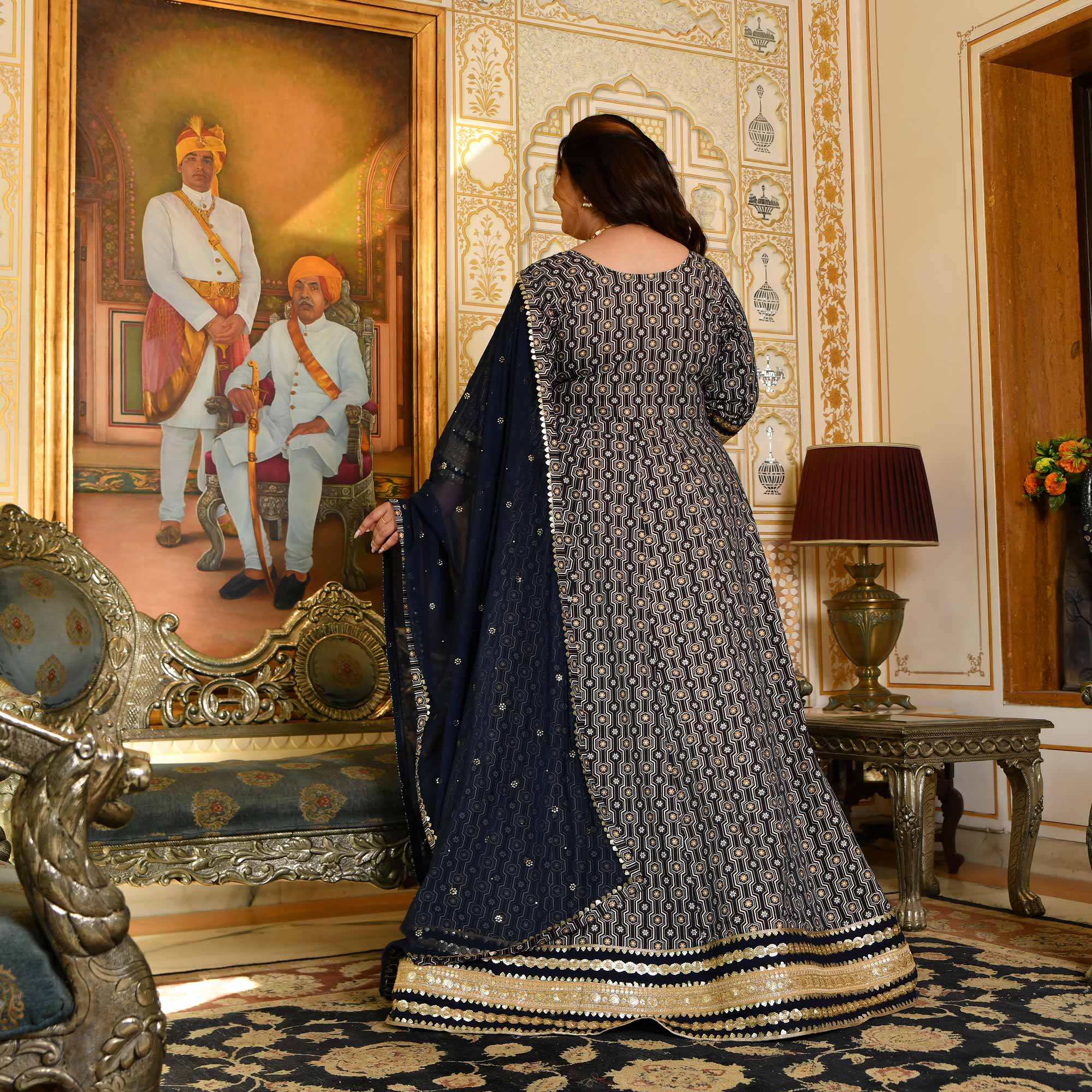 Malini- Navy Blue & Gold Sequin Embroidered Cotton Anarkali