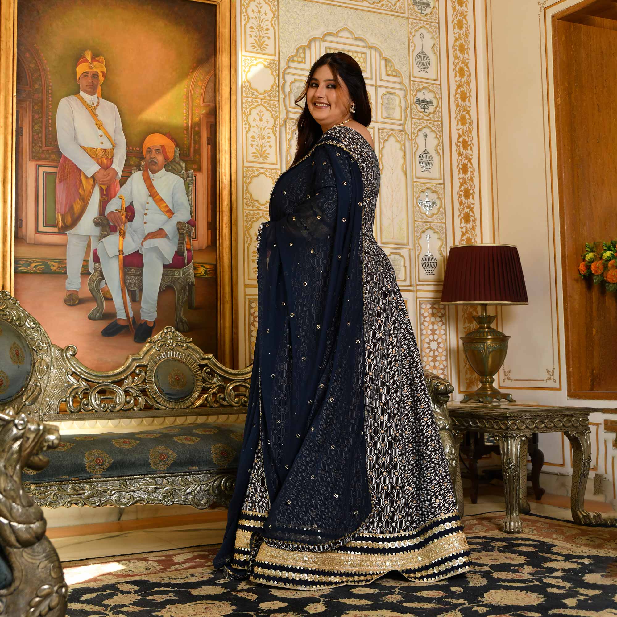 Malini- Navy Blue & Gold Sequin Embroidered Cotton Anarkali