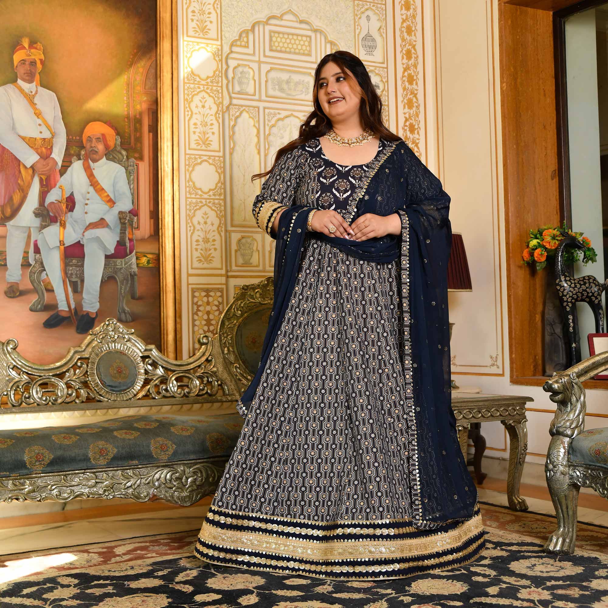 Malini- Navy Blue & Gold Sequin Embroidered Cotton Anarkali