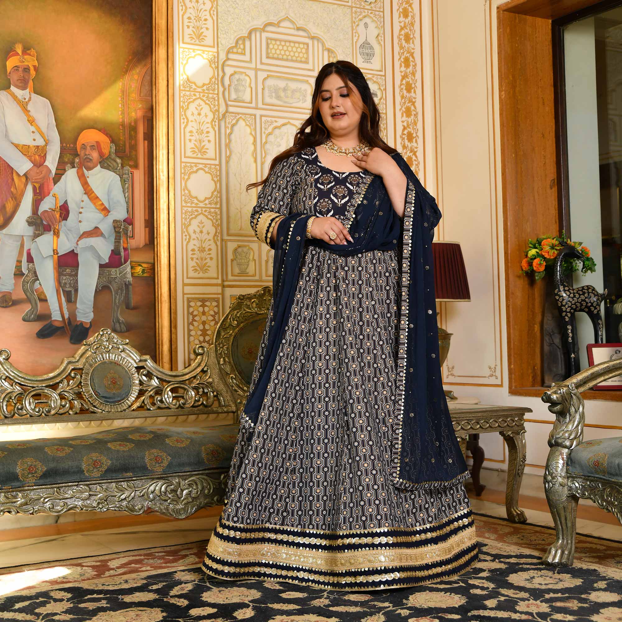 Malini- Navy Blue & Gold Sequin Embroidered Cotton Anarkali