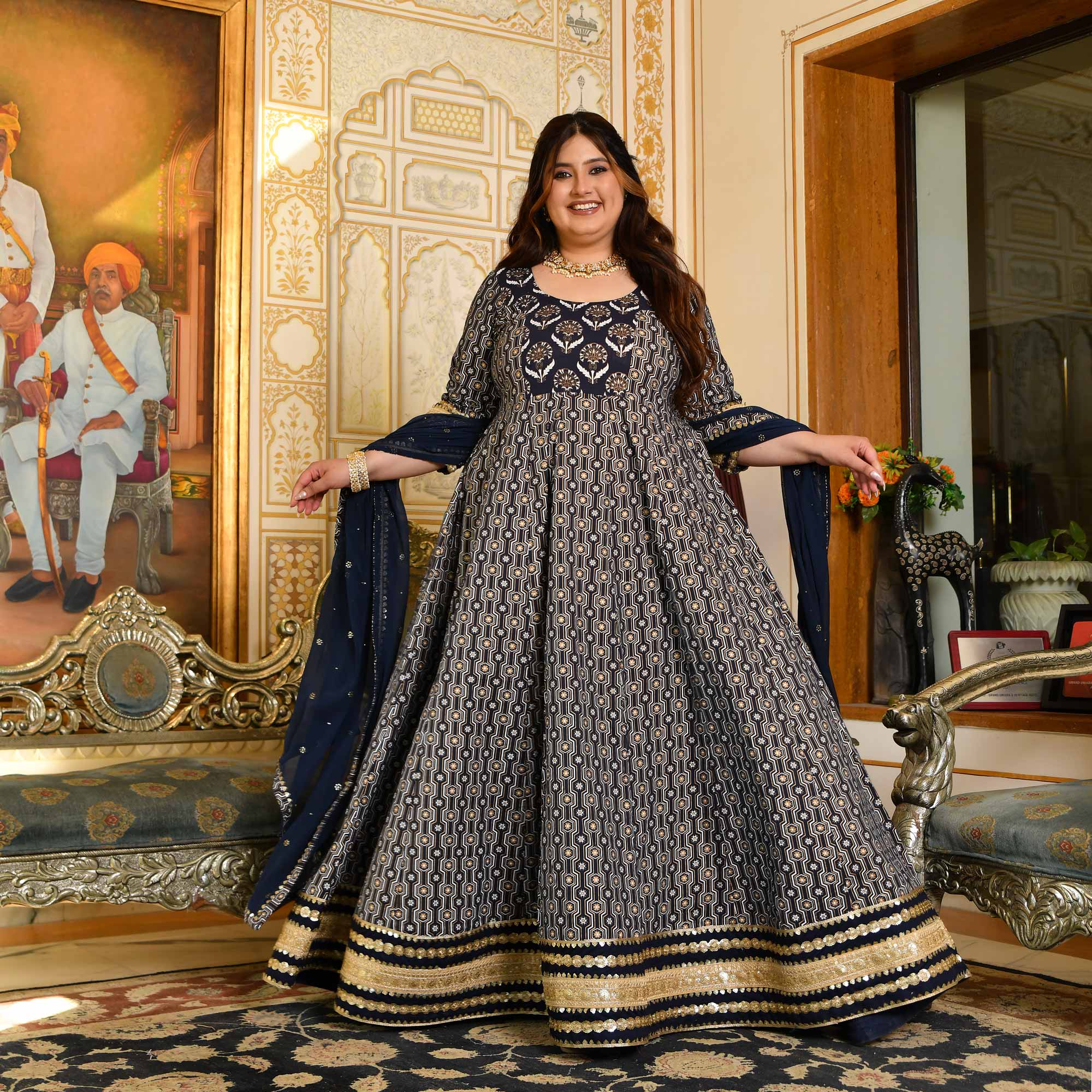 Malini- Navy Blue & Gold Sequin Embroidered Cotton Anarkali