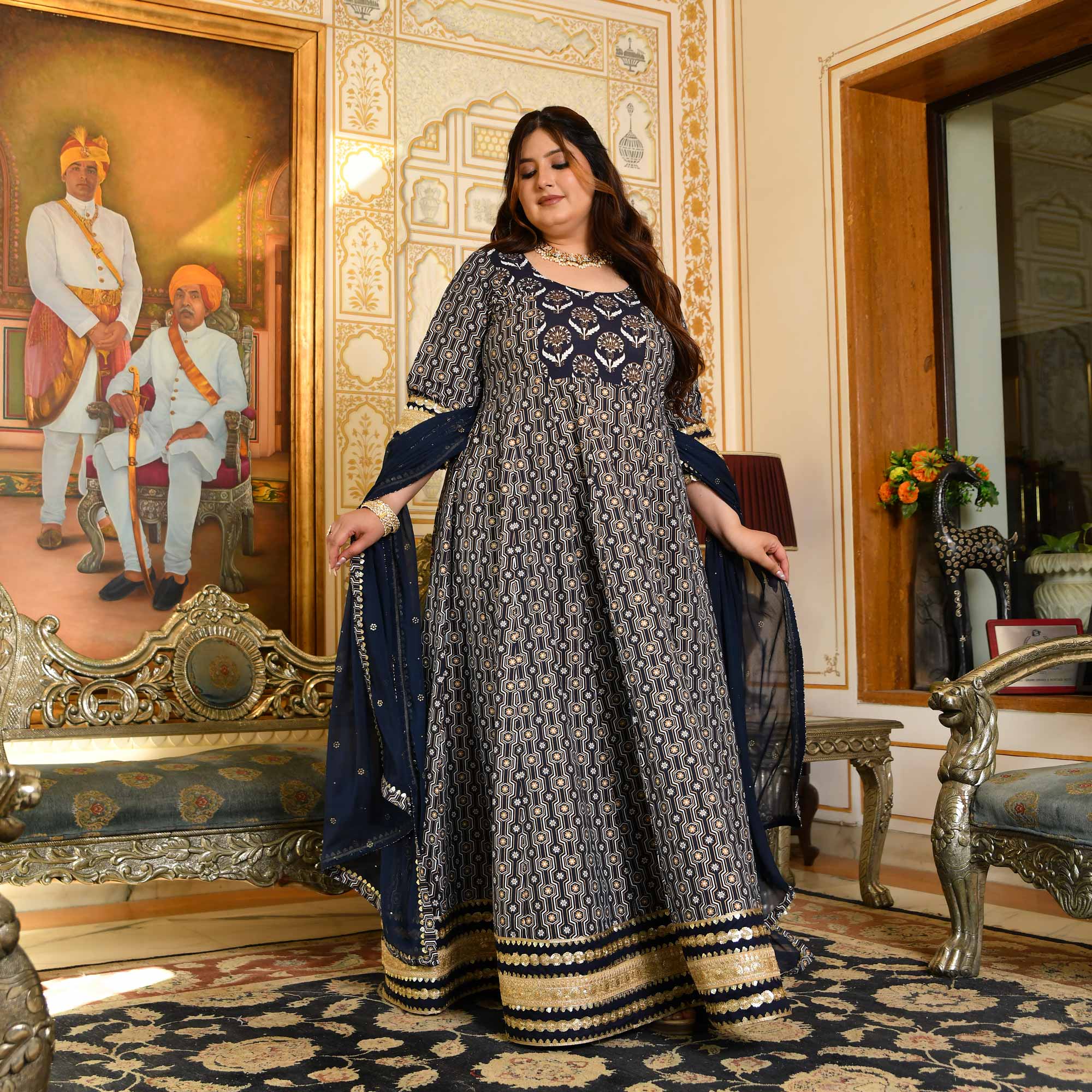 Malini- Navy Blue & Gold Sequin Embroidered Cotton Anarkali