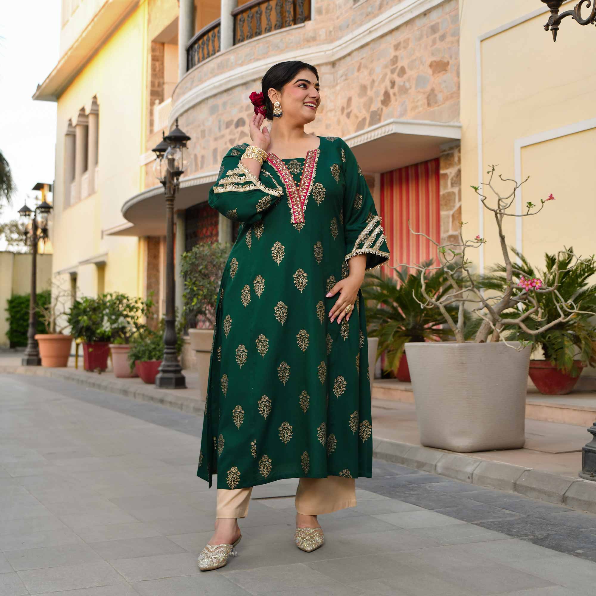 Rasiya - Green & Gold Block Printed Rayon Kurta