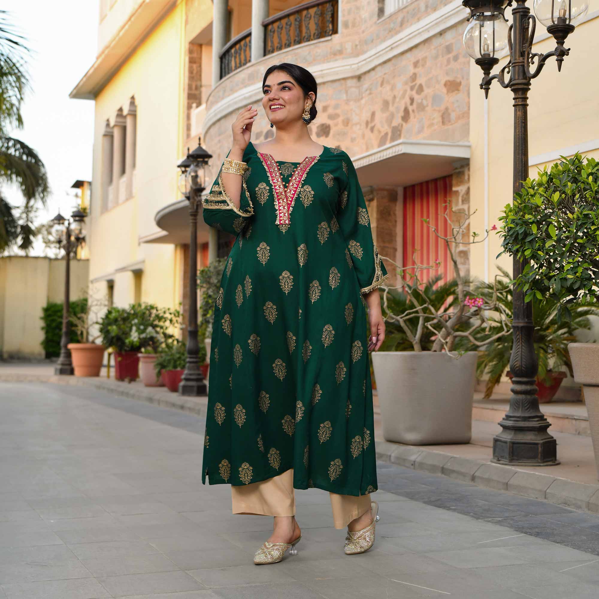 Rasiya - Green & Gold Block Printed Rayon Kurta