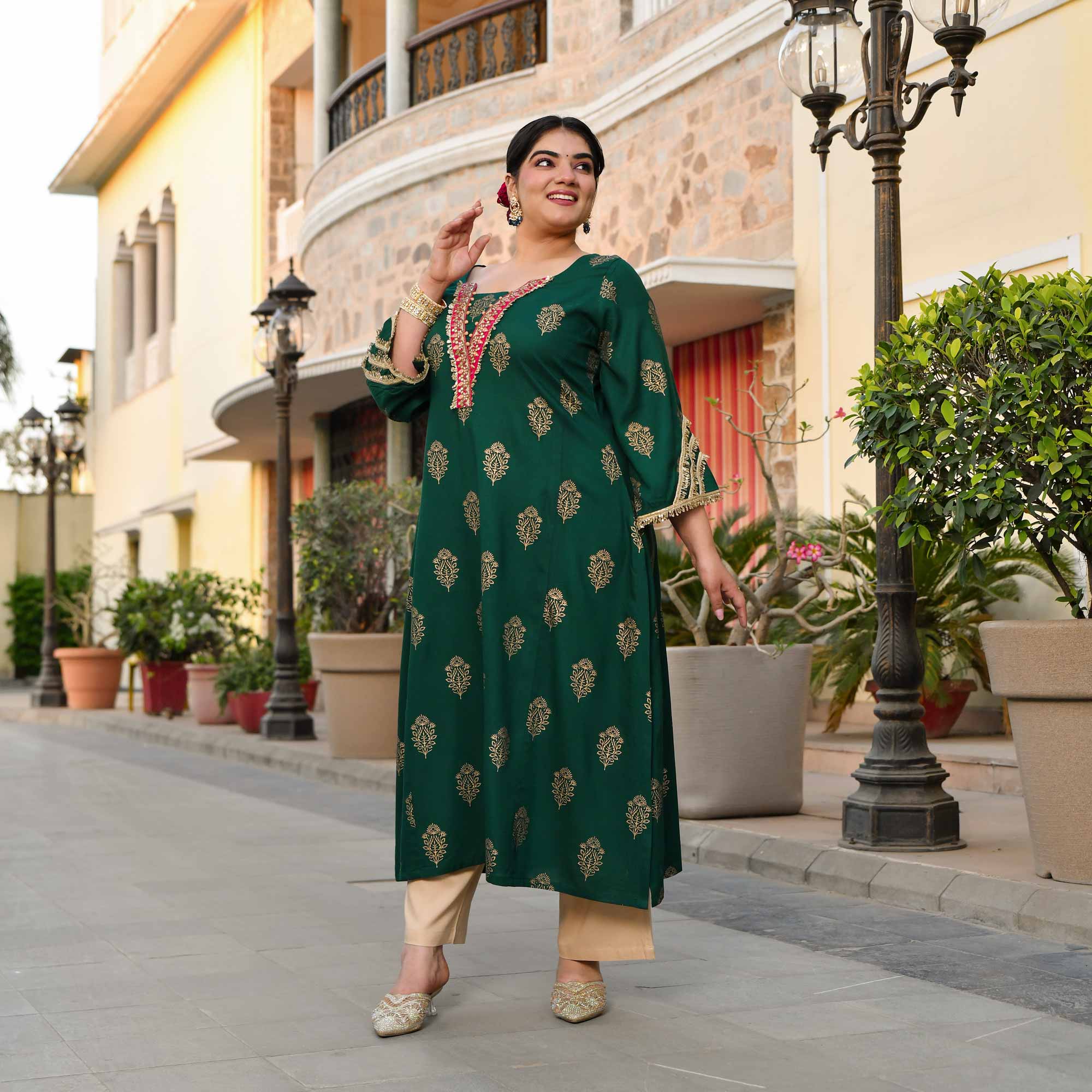 Rasiya - Green & Gold Block Printed Rayon Kurta