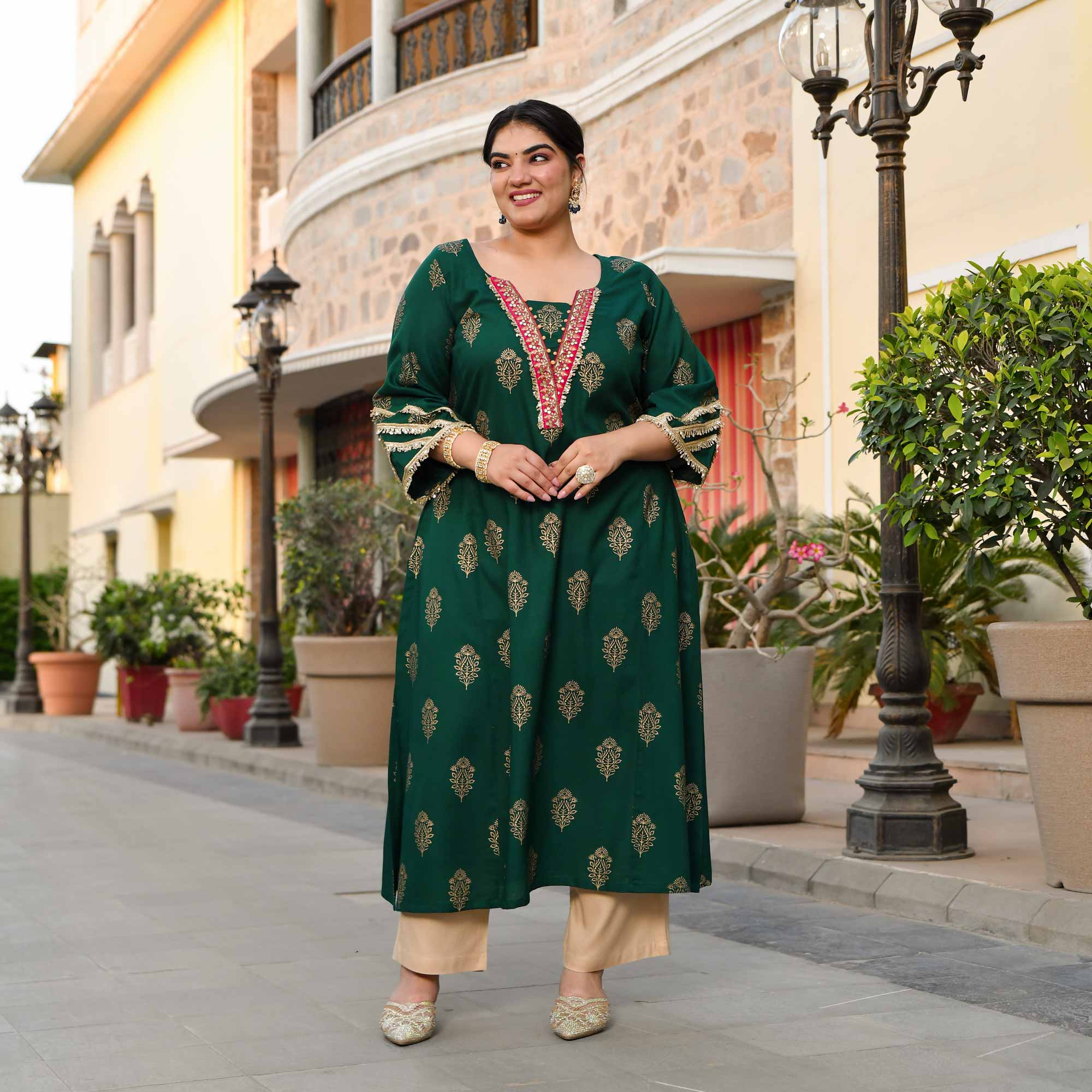 Rasiya - Green & Gold Block Printed Rayon Kurta