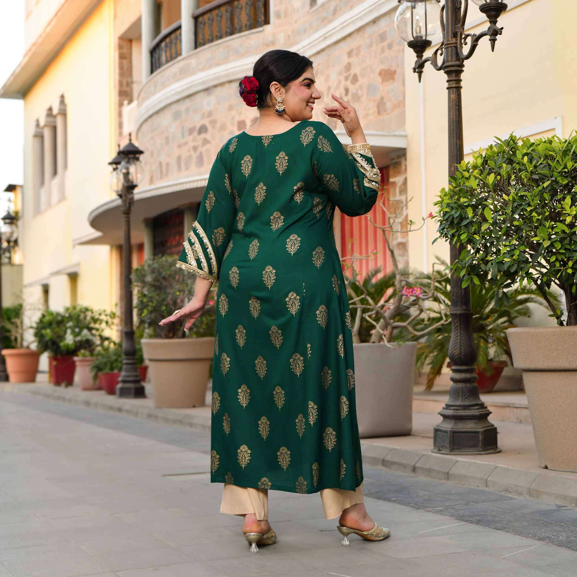 Rasiya - Green & Gold Block Printed Rayon Kurta