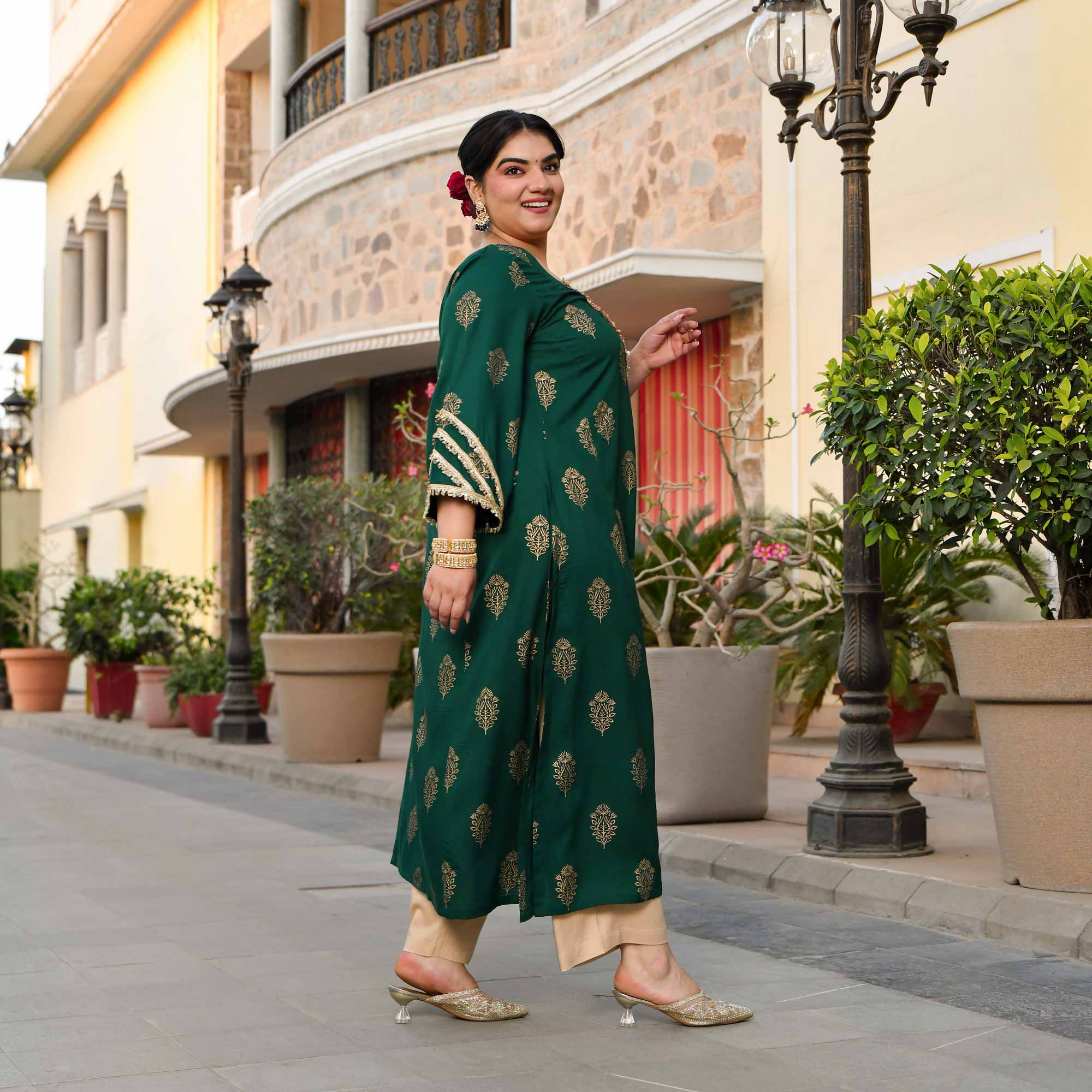 Rasiya - Green & Gold Block Printed Rayon Kurta