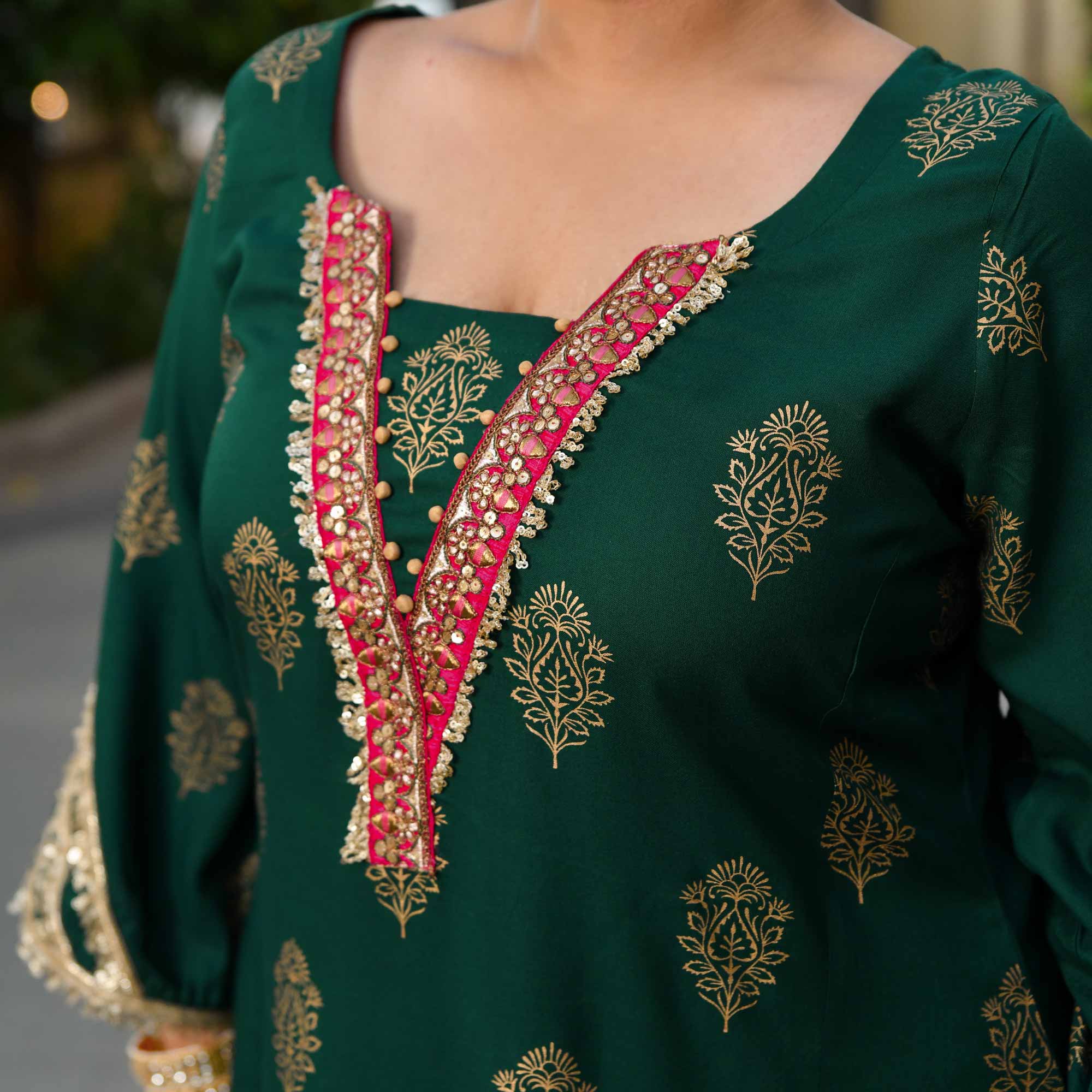 Rasiya - Green & Gold Block Printed Rayon Kurta