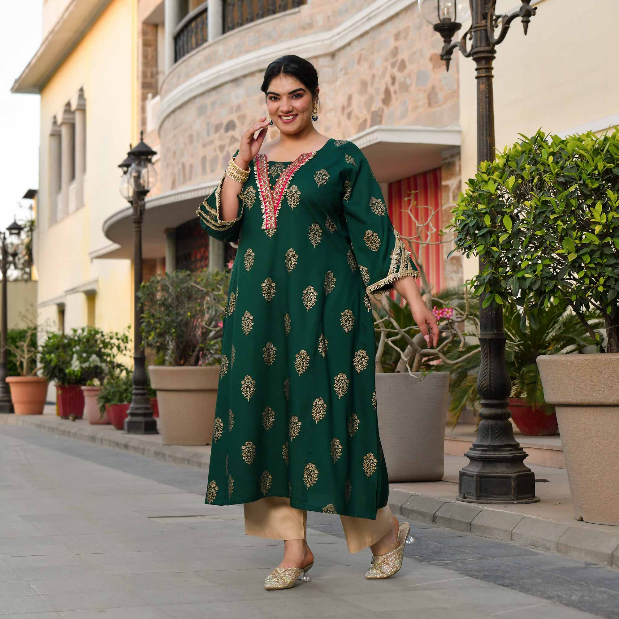 Rasiya - Green & Gold Block Printed Rayon Kurta