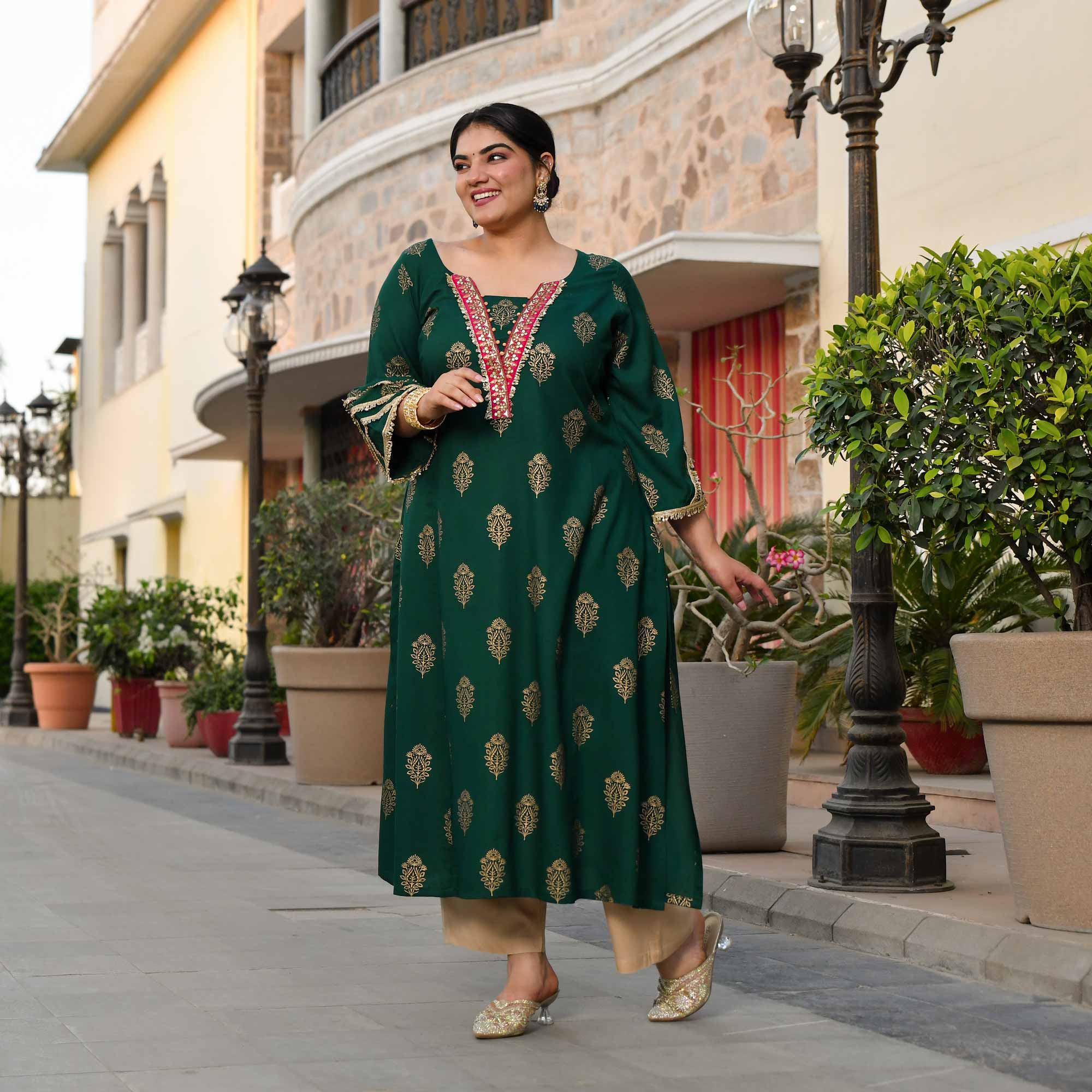 Rasiya - Green & Gold Block Printed Rayon Kurta