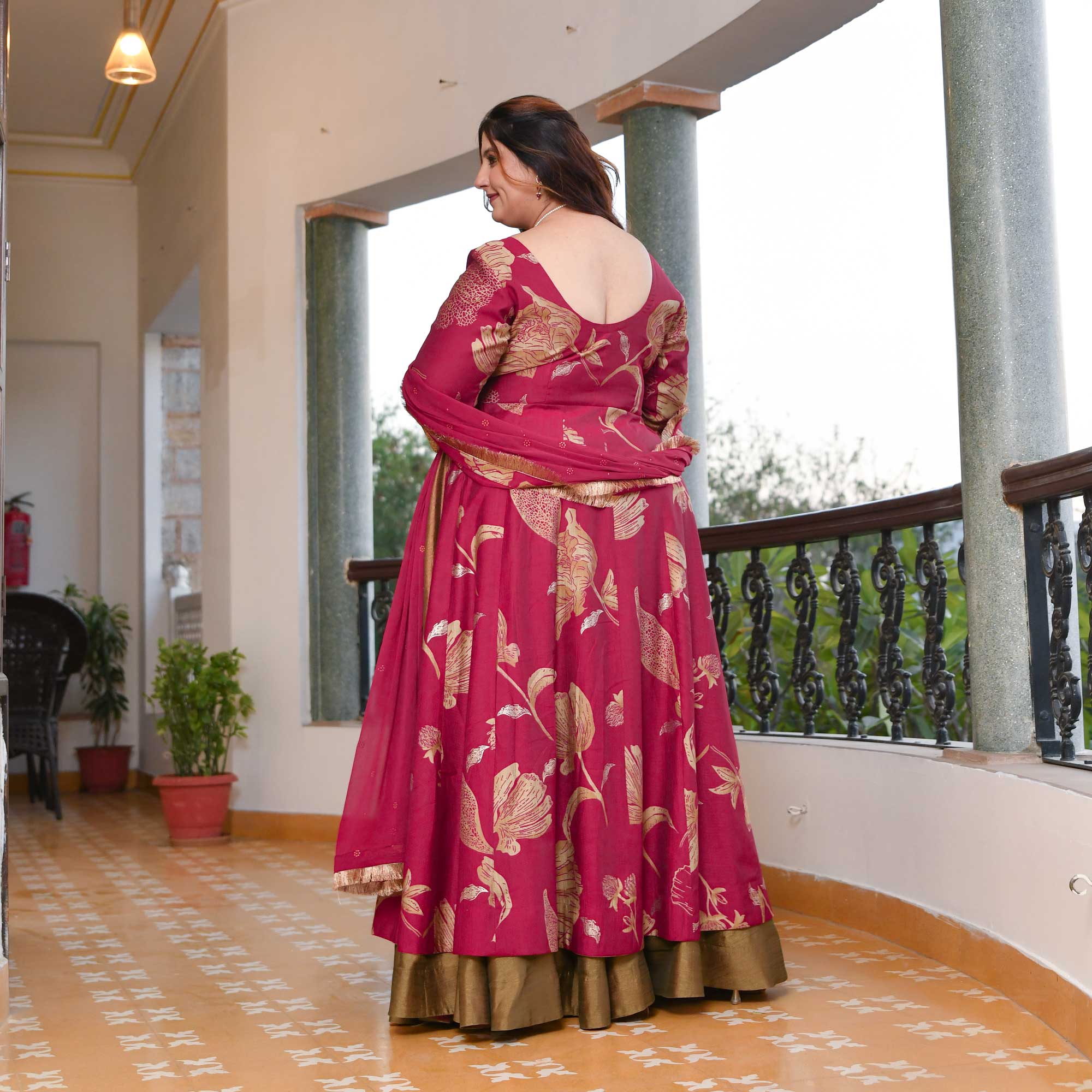 Shiraz- Magenta Pink & Copper Slit Anarkali Lehenga Set