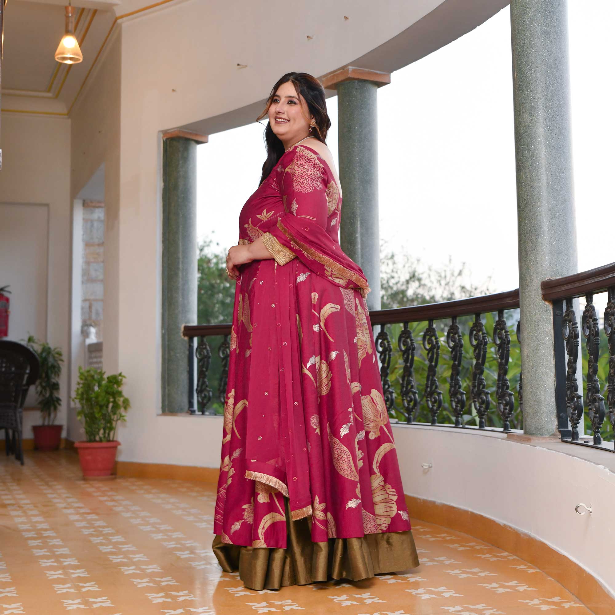 Shiraz- Magenta Pink & Copper Slit Anarkali Lehenga Set