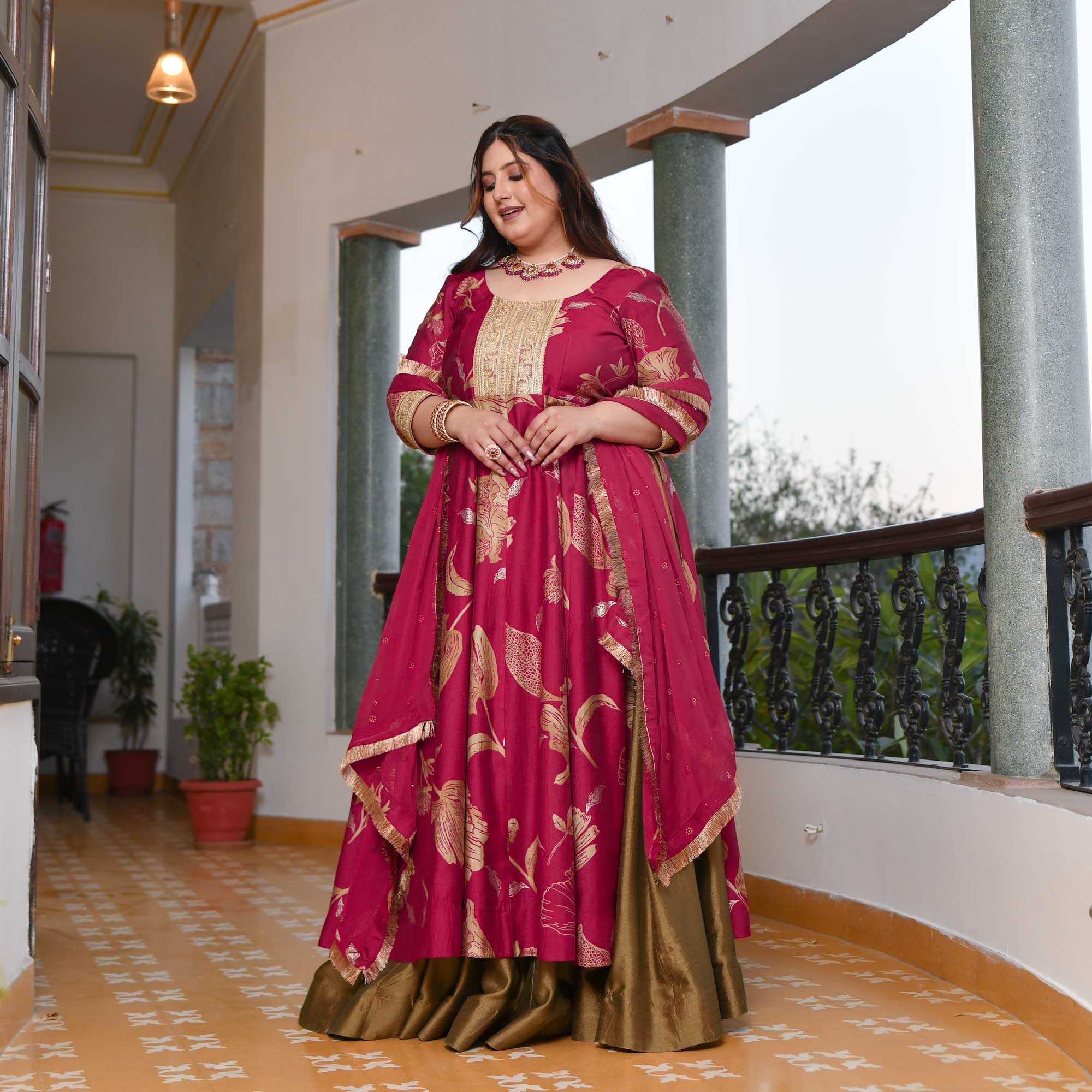 Shiraz- Magenta Pink & Copper Slit Anarkali Lehenga Set