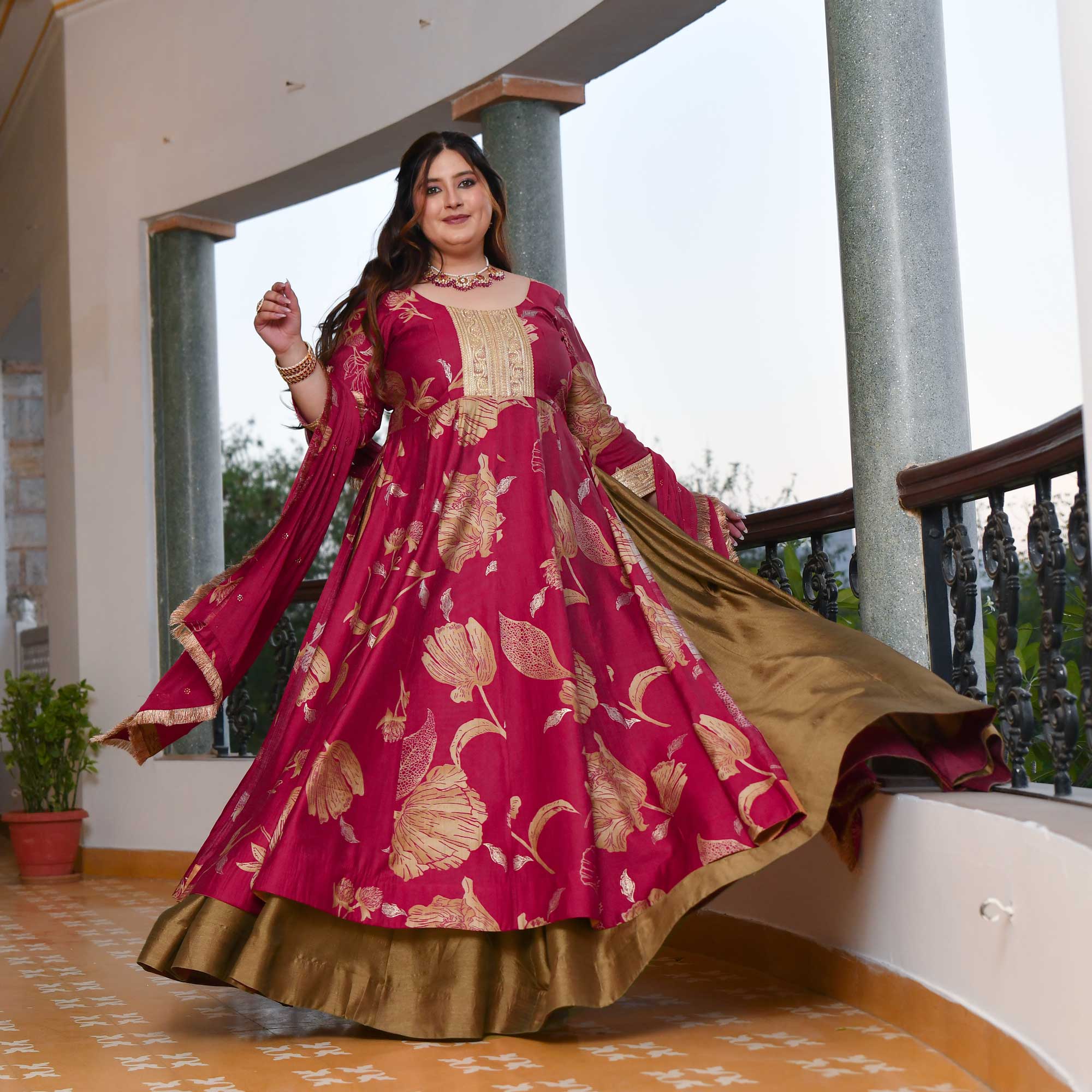 Shiraz- Magenta Pink & Copper Slit Anarkali Lehenga Set