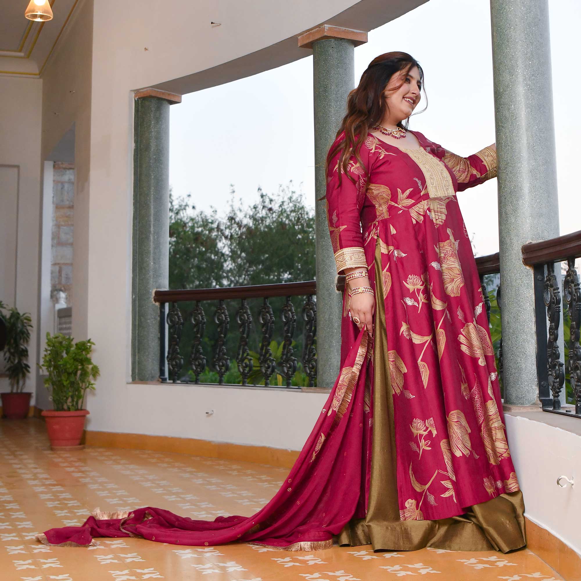 Shiraz- Magenta Pink & Copper Slit Anarkali Lehenga Set