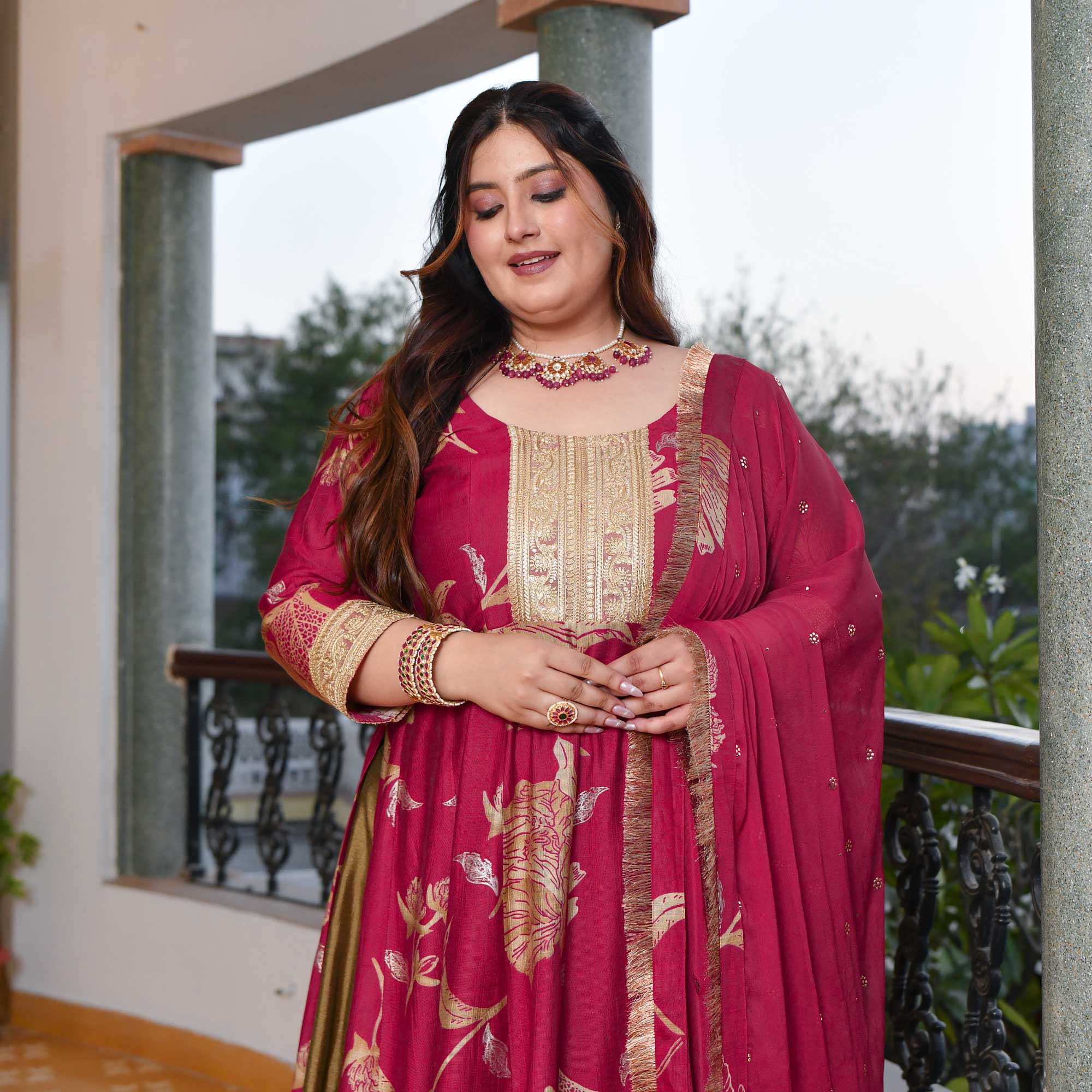 Shiraz- Magenta Pink & Copper Slit Anarkali Lehenga Set