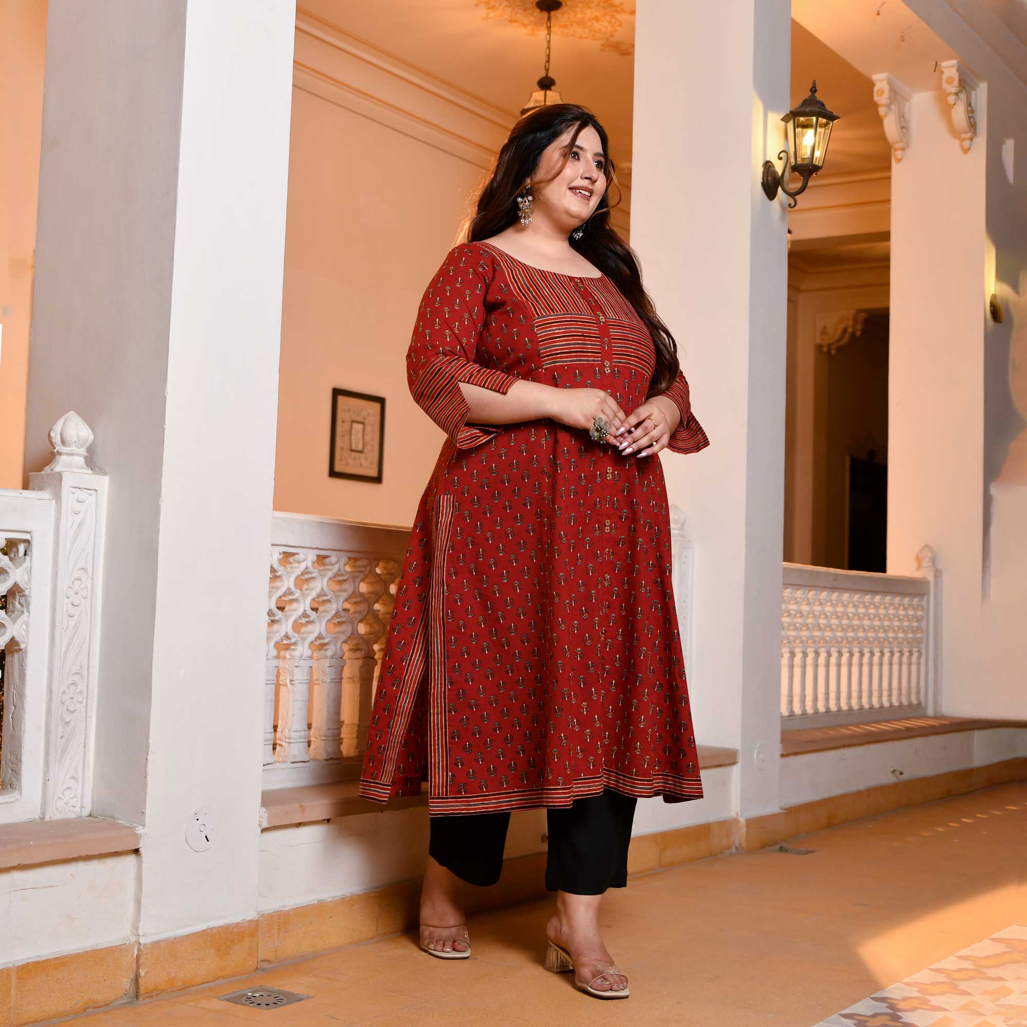 Mati- Earthy Brown Handblock Printed Aline Slit Kurta