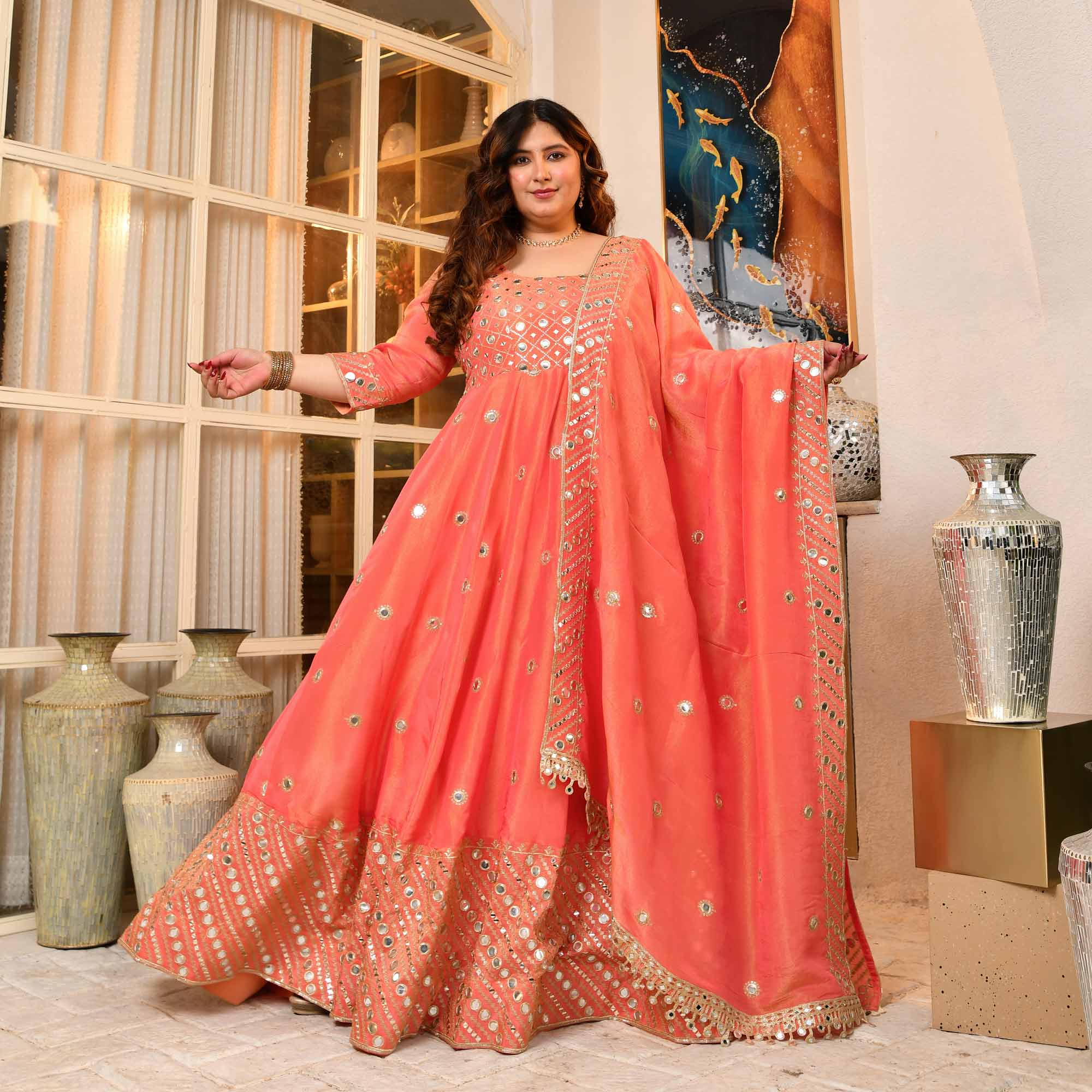 Shimmering Dawn - Peach Pure Tissue Silk Mirror Embroidered Anarkali Set