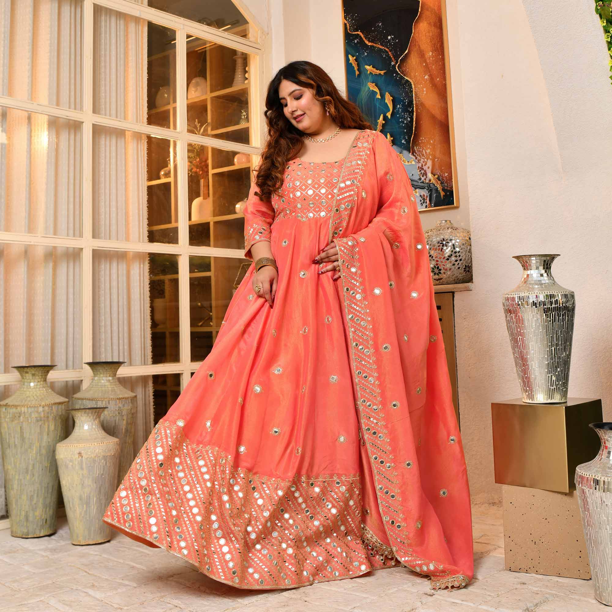 Shimmering Dawn - Peach Pure Tissue Silk Mirror Embroidered Anarkali Set