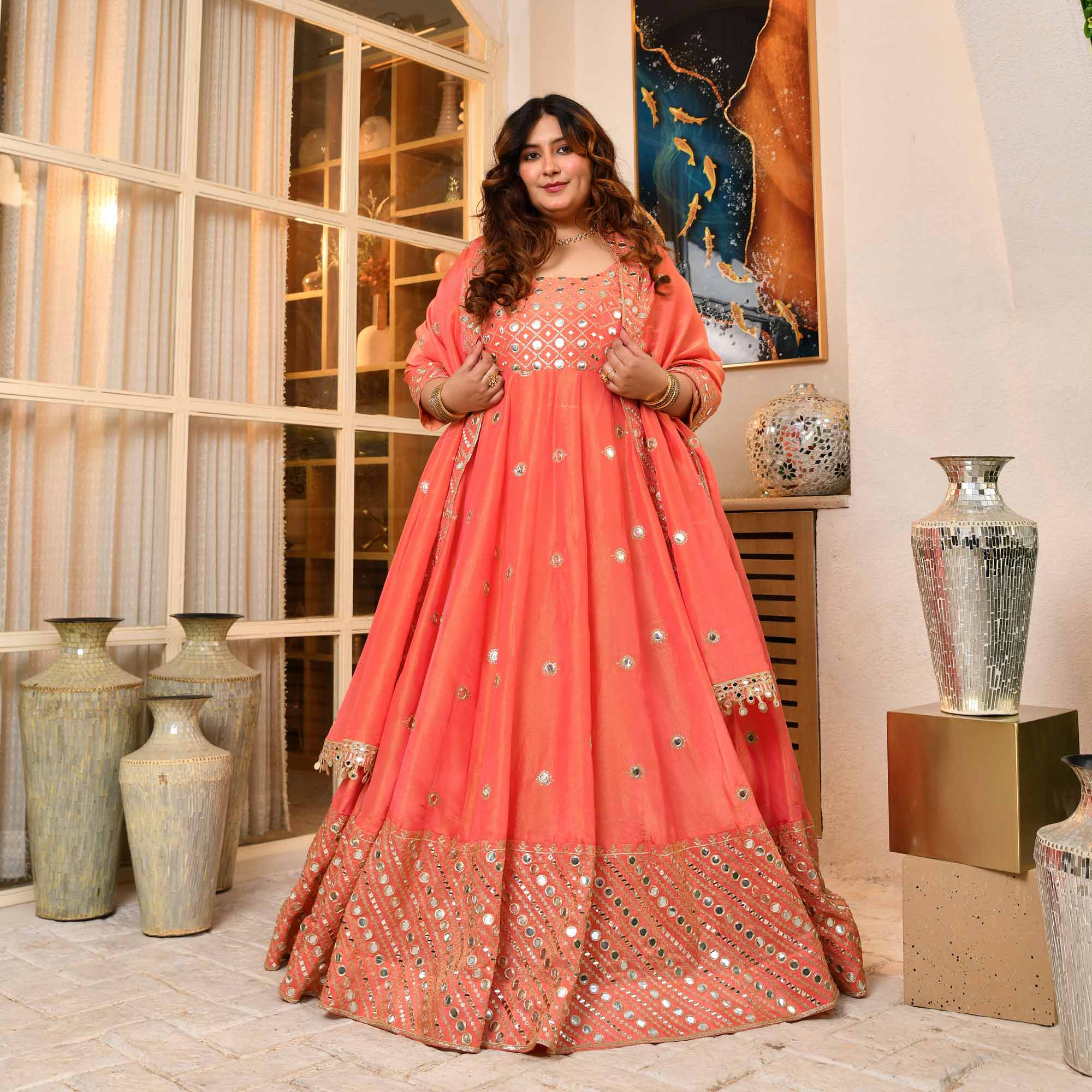 Shimmering Dawn - Peach Pure Tissue Silk Mirror Embroidered Anarkali Set