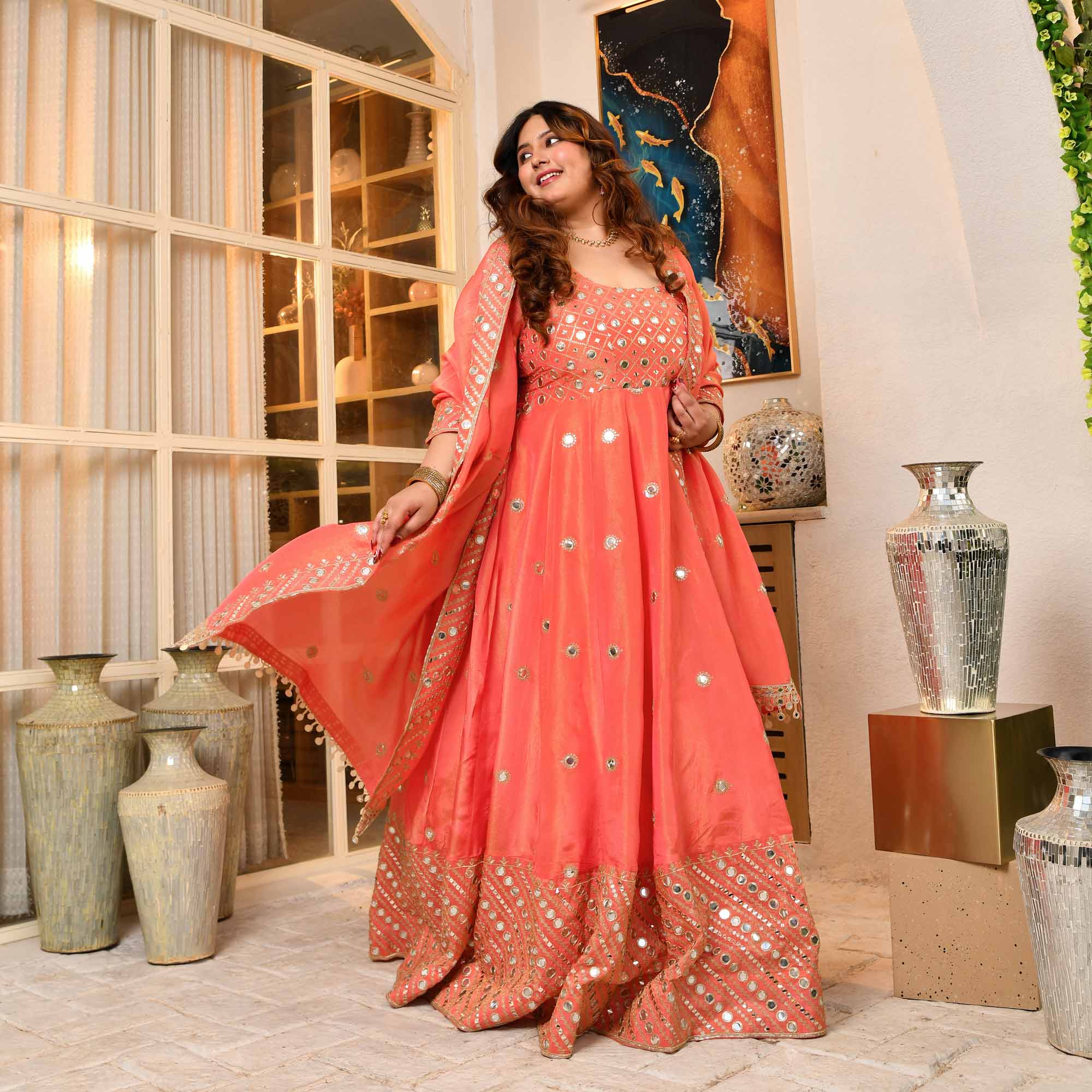 Shimmering Dawn - Peach Pure Tissue Silk Mirror Embroidered Anarkali Set