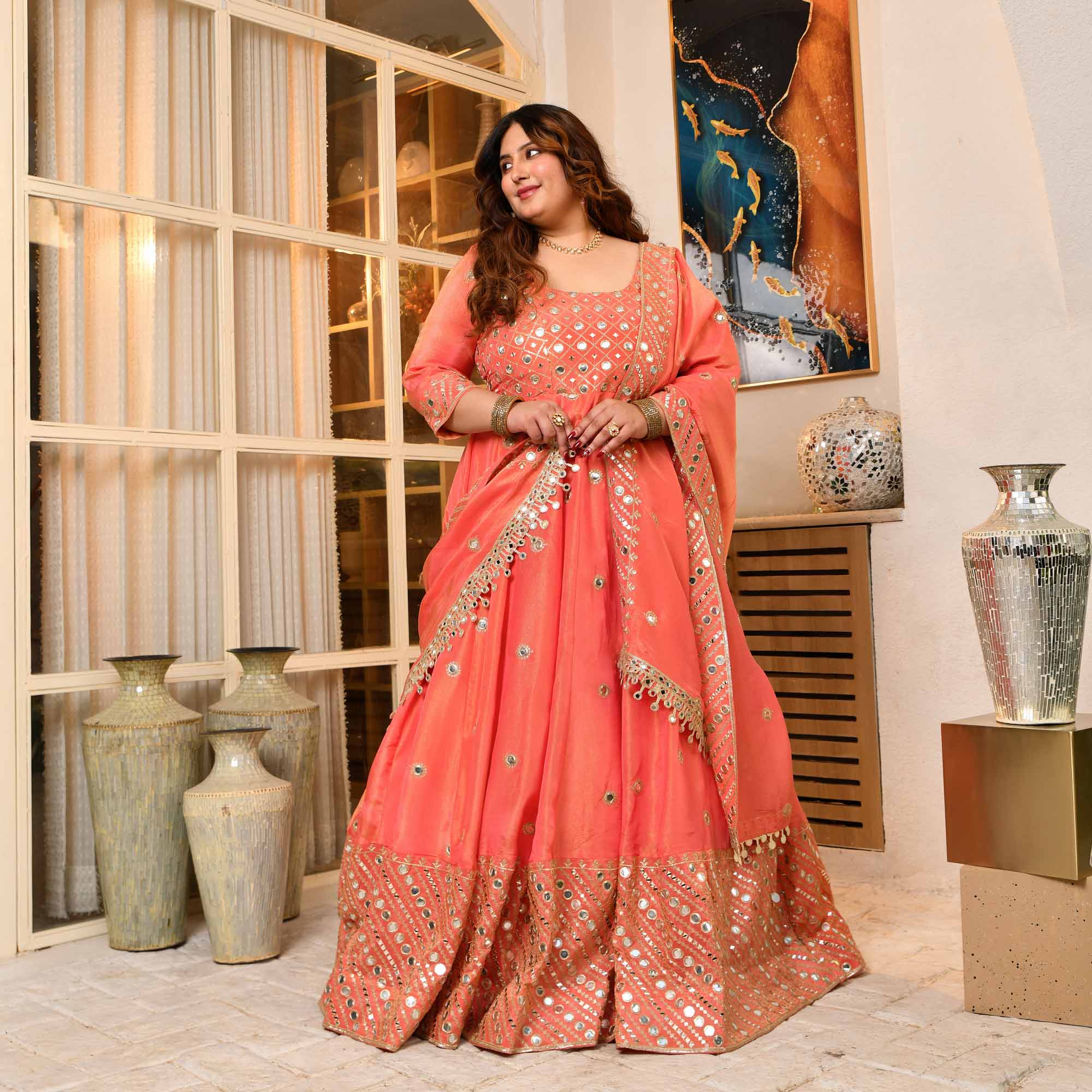 Shimmering Dawn - Peach Pure Tissue Silk Mirror Embroidered Anarkali Set