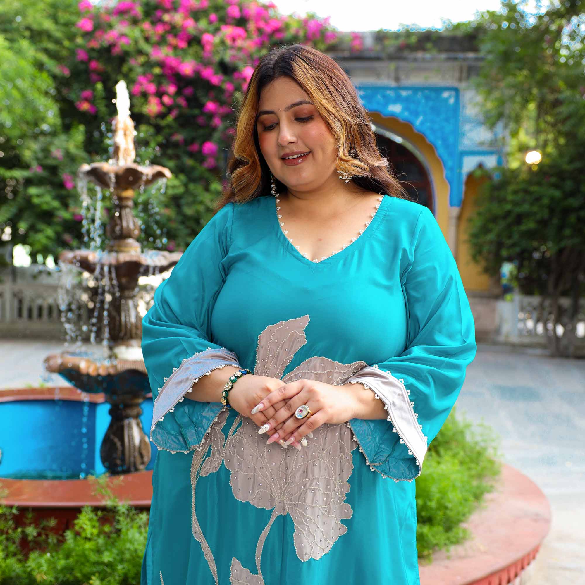 Marine Blue & Grey Floral Hand Embroidered Kurta Pants Set