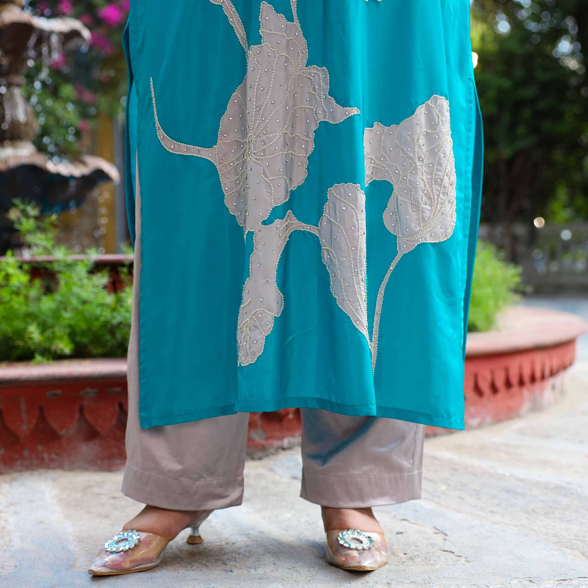 Marine Blue & Grey Floral Hand Embroidered Kurta Pants Set