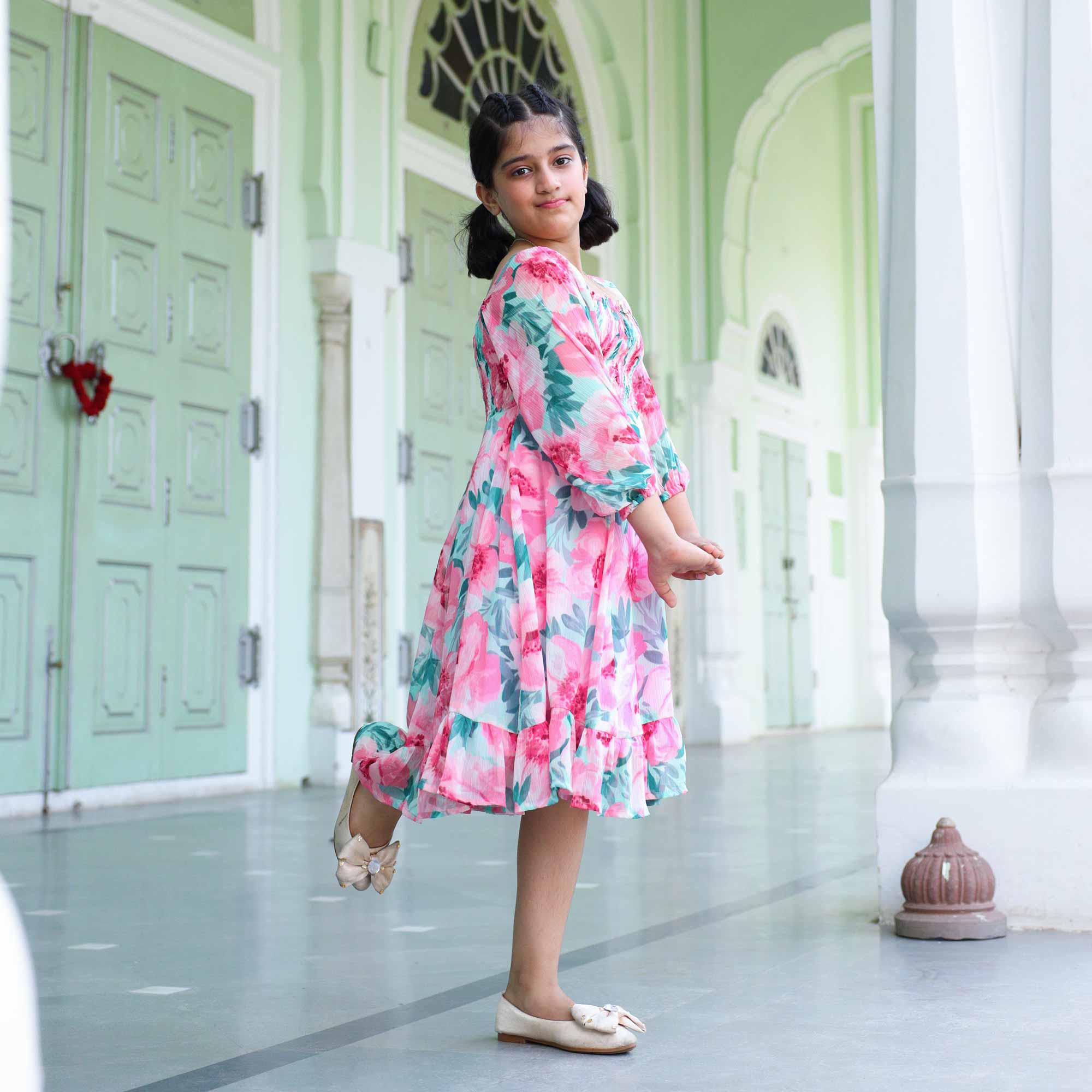 Sweet Pink Floral Kids Smocking Georgette Dress