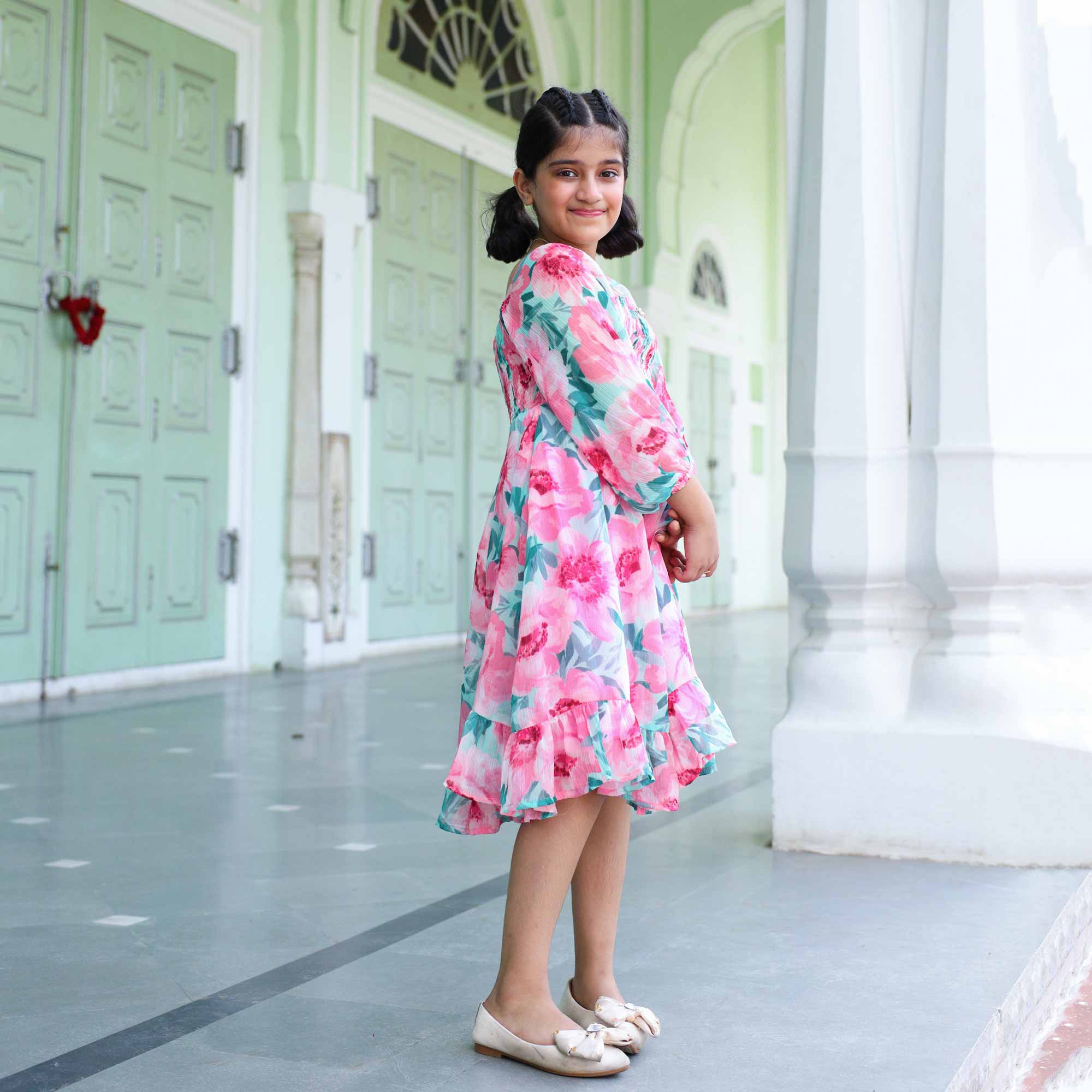 Sweet Pink Floral Kids Smocking Georgette Dress