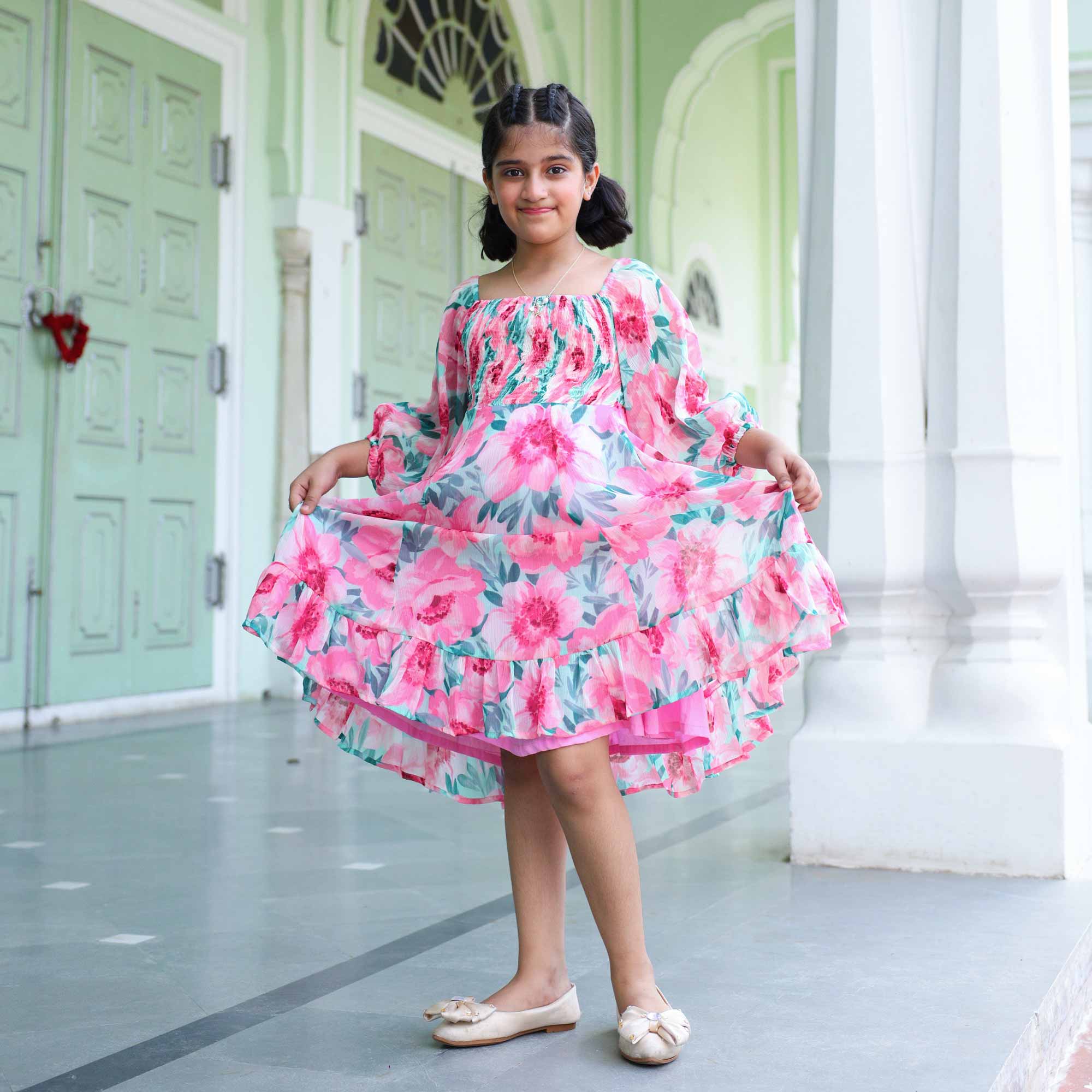 Sweet Pink Floral Kids Smocking Georgette Dress