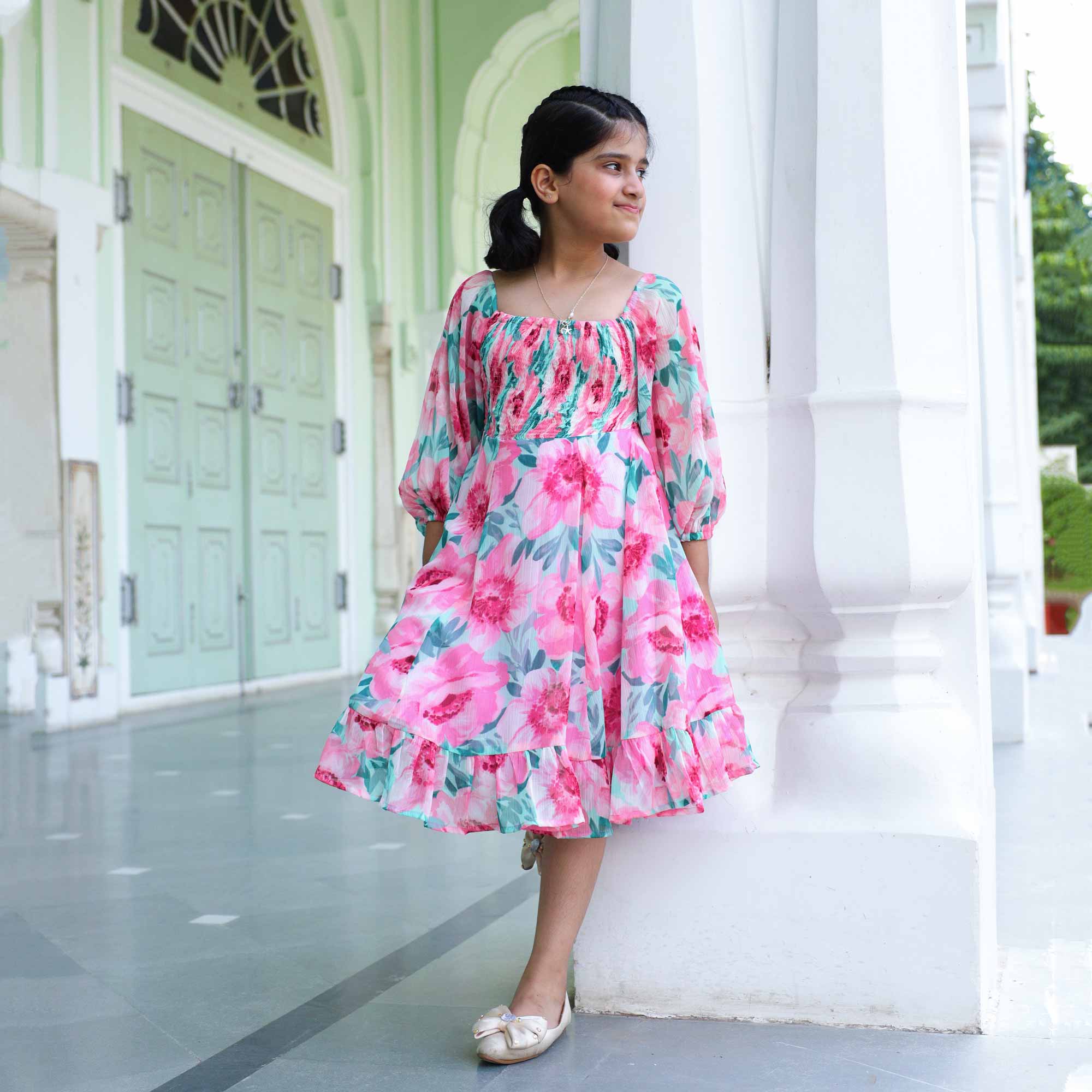 Sweet Pink Floral Kids Smocking Georgette Dress