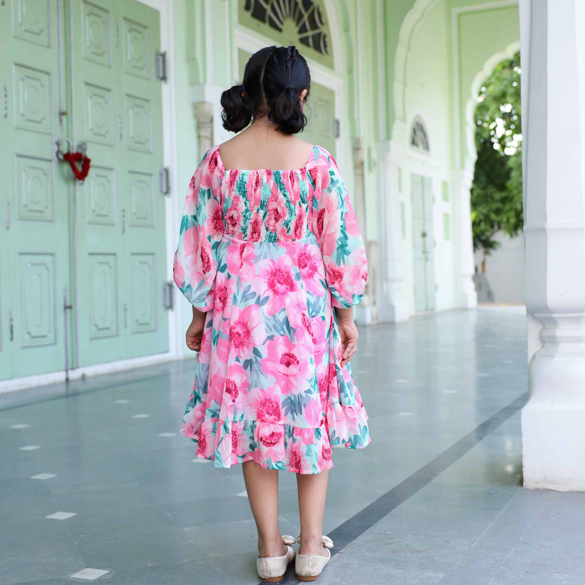 Sweet Pink Floral Kids Smocking Georgette Dress