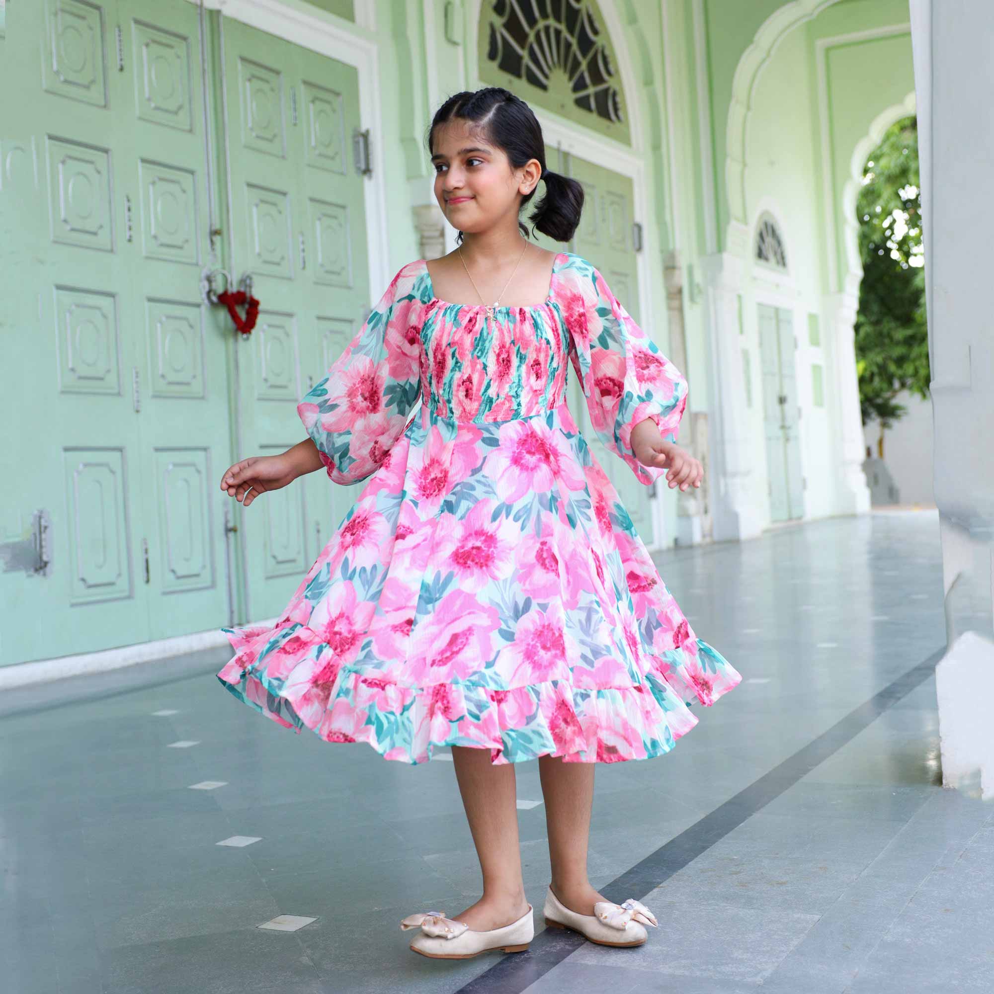 Sweet Pink Floral Kids Smocking Georgette Dress