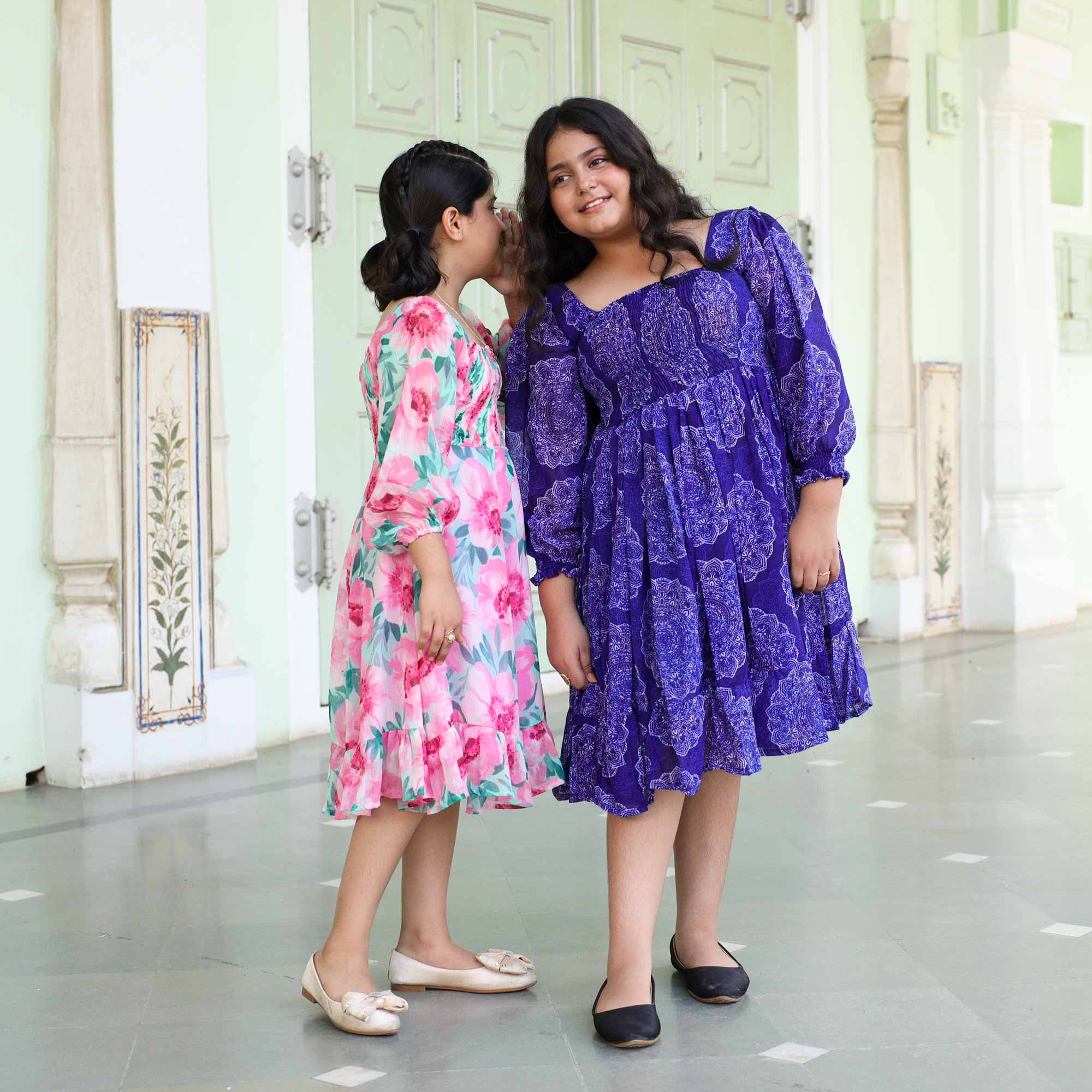 Sweet Pink Floral Kids Smocking Georgette Dress