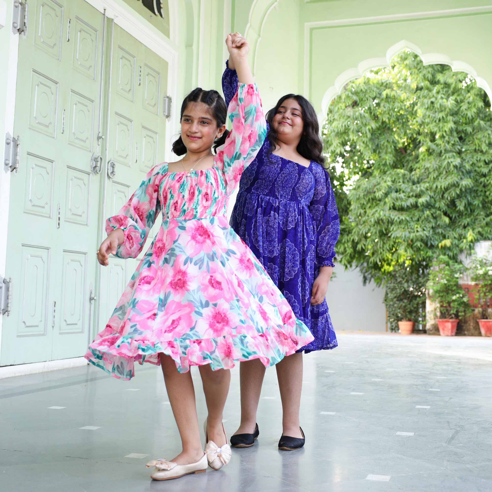 Sweet Pink Floral Kids Smocking Georgette Dress