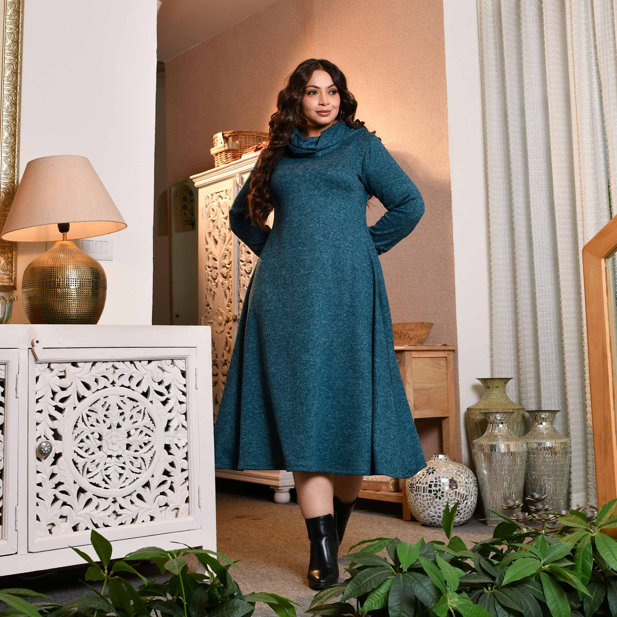 Woollen Bluish Cyan Stretchable Cowl Neck Aline Dress