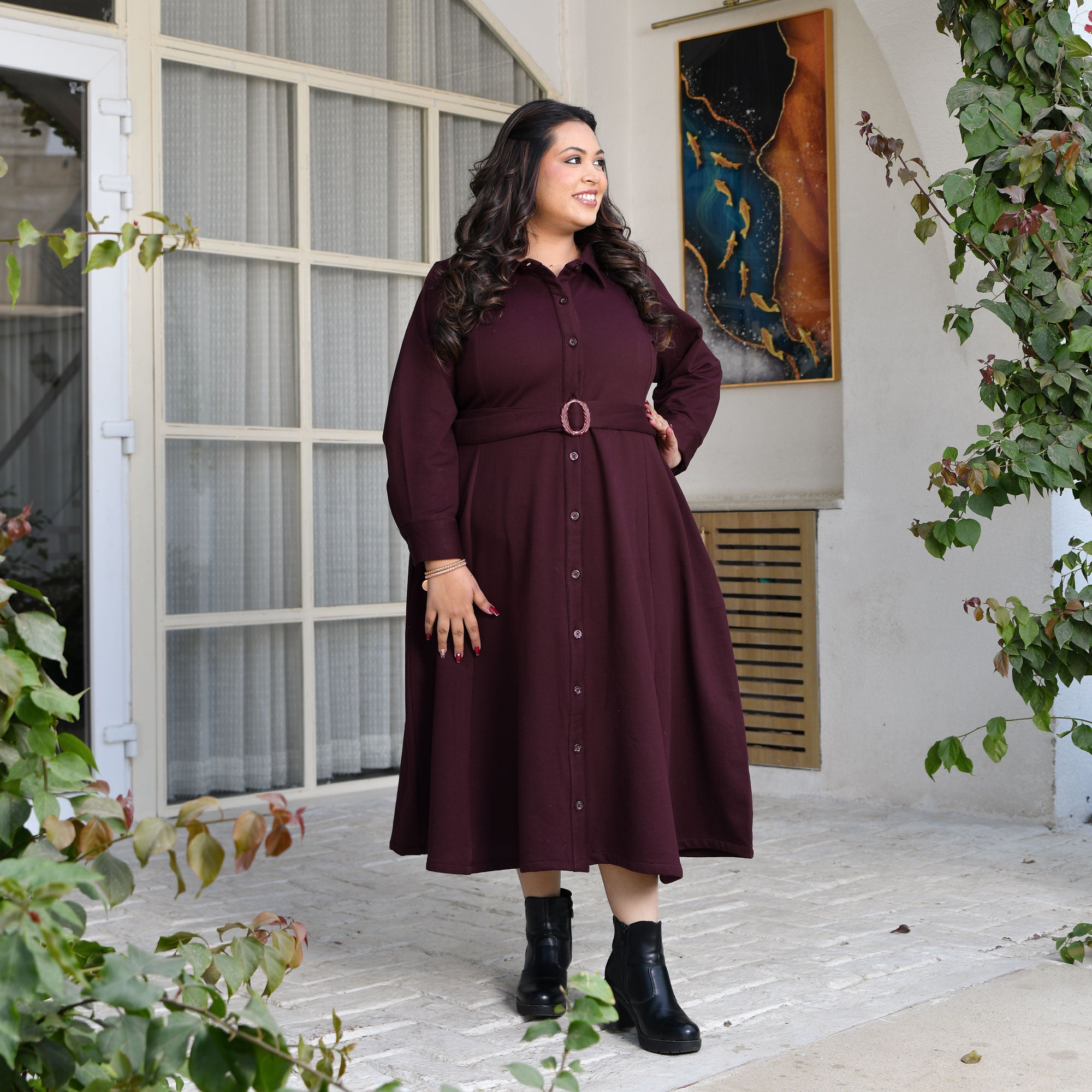 Deep Wine woollen fleece Aline dress 