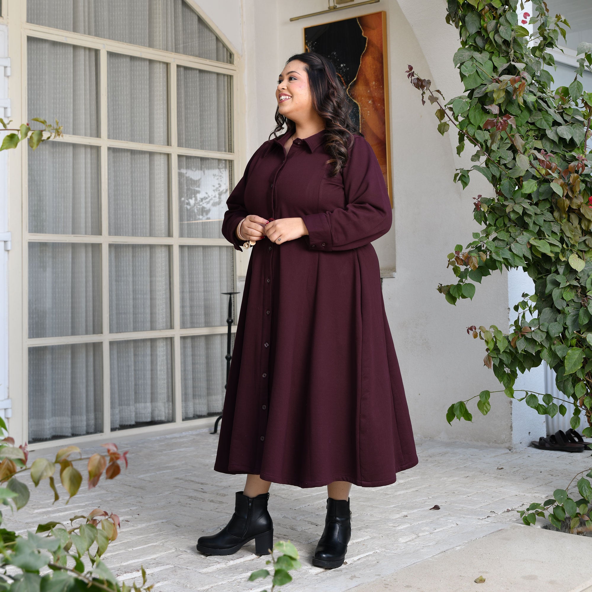 Deep Wine woollen fleece Aline dress 