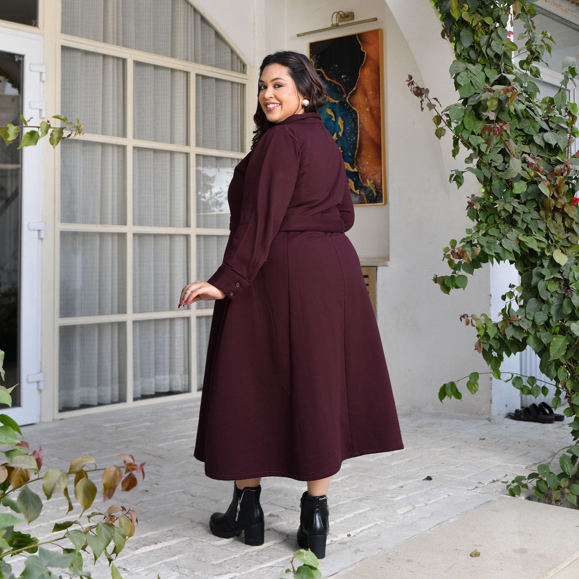 Deep Wine woollen fleece Aline dress 