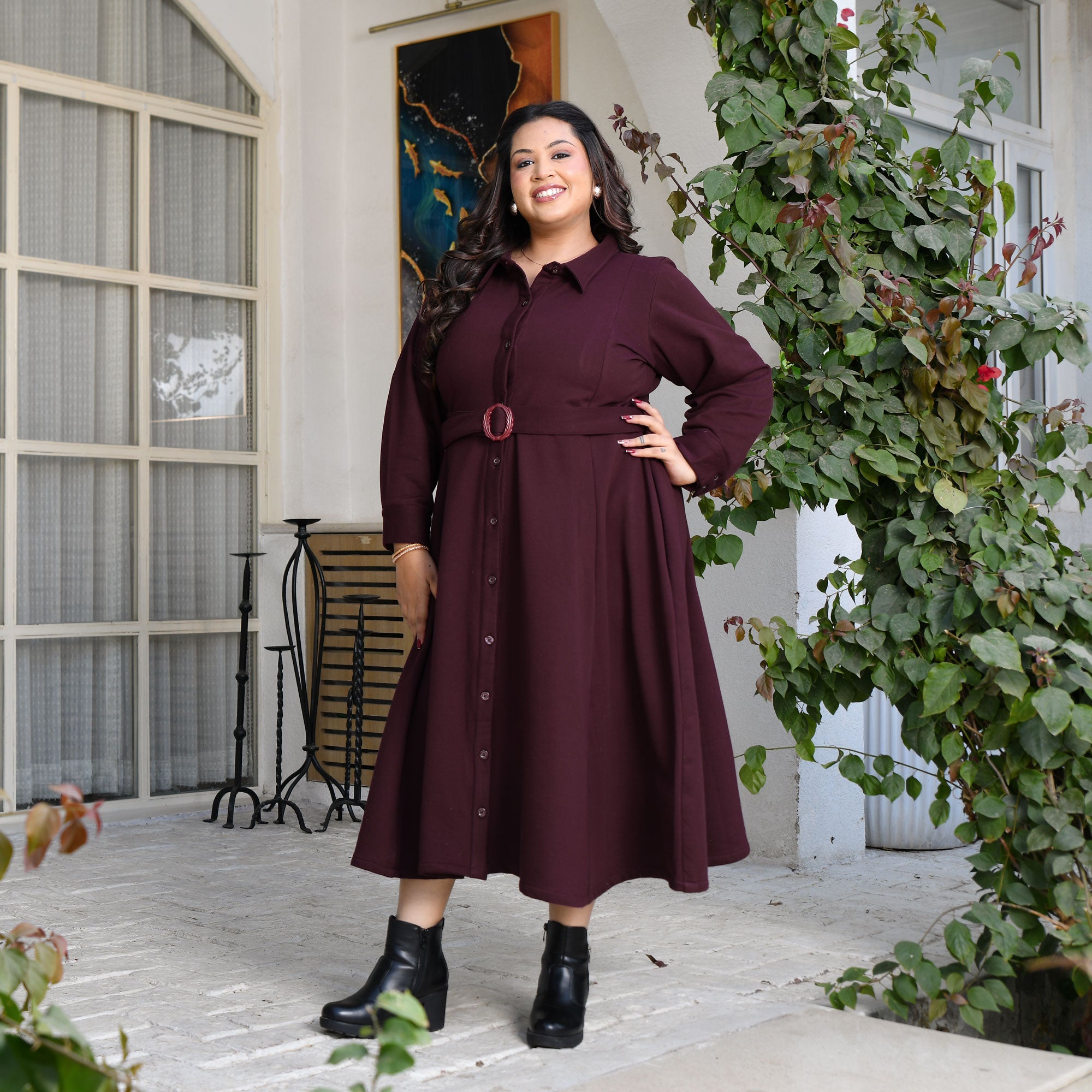 Deep Wine woollen fleece Aline dress 