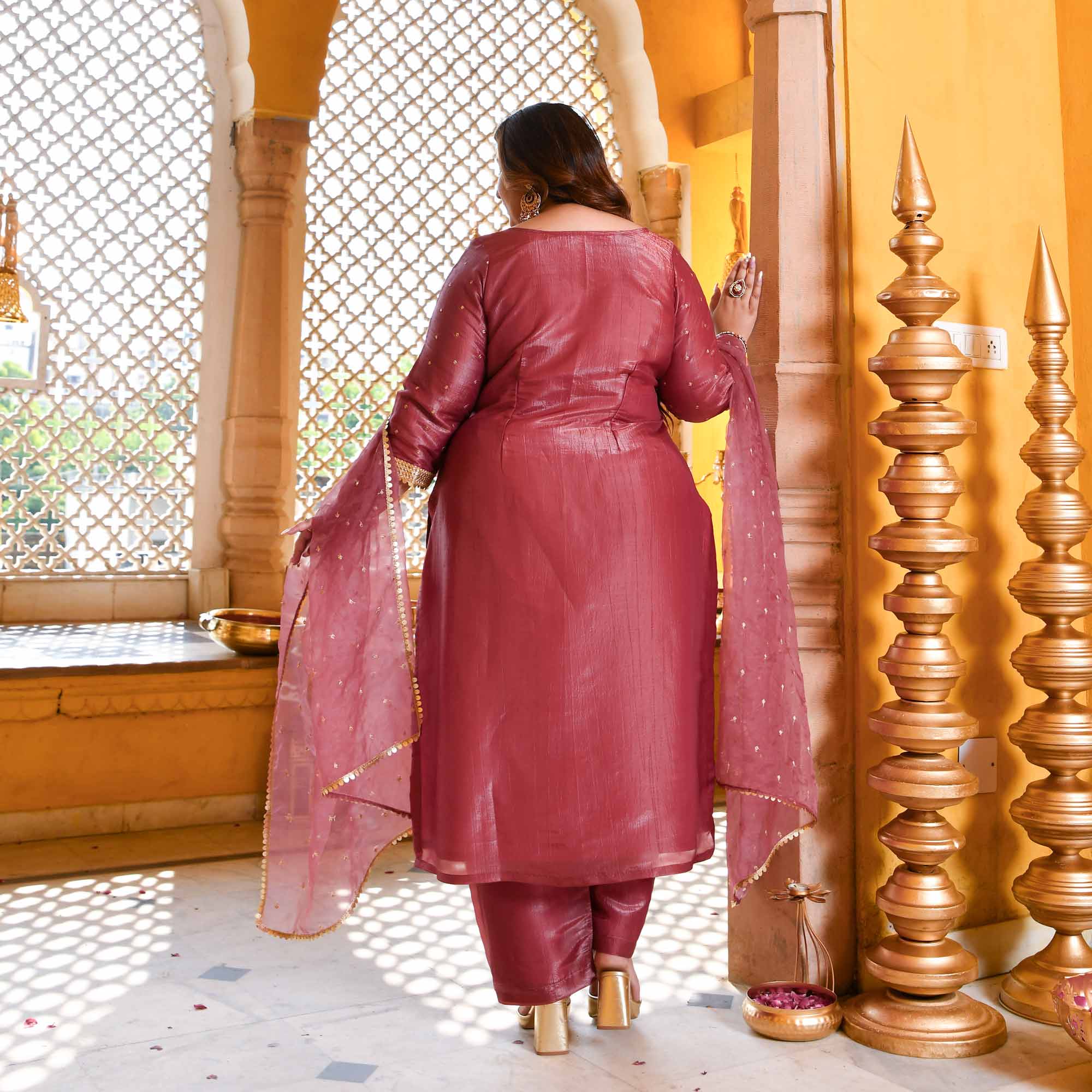 Rouge-Onion Pink Tissue Silk Embroidered Suit Set